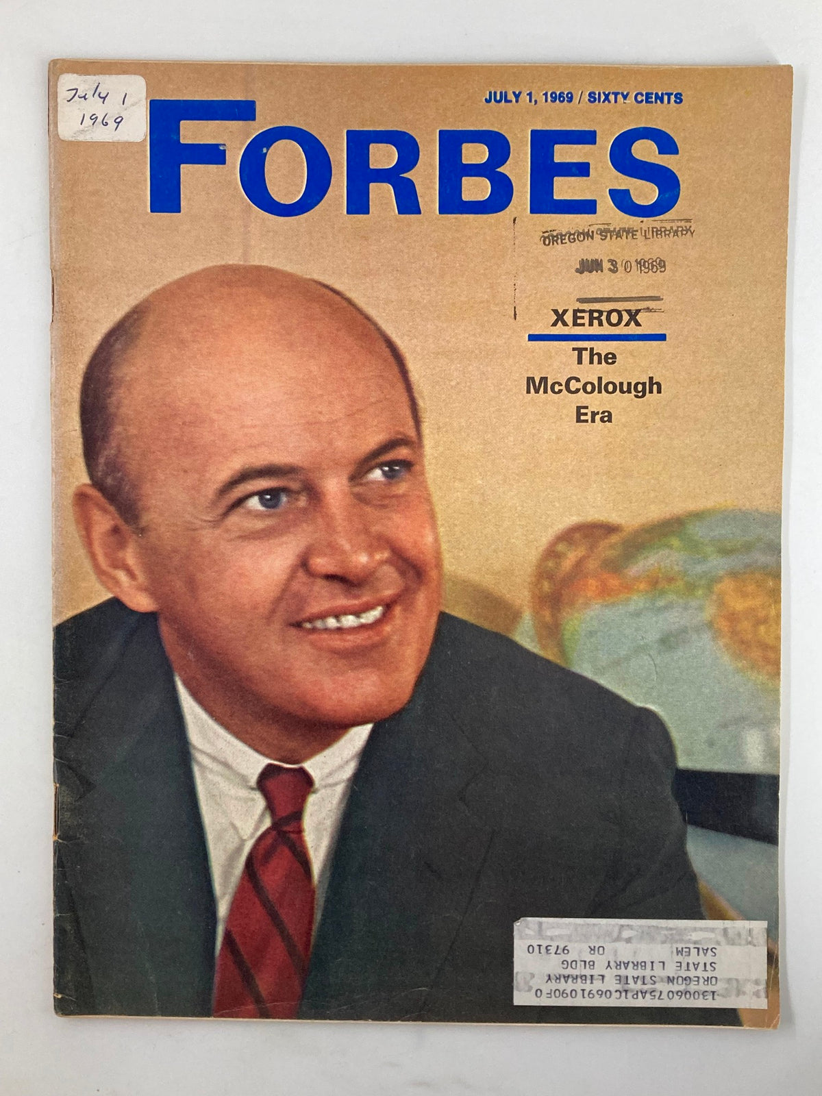 Cover of VTG Forbes Magazine July 1 1969 featuring an article on Xerox and The McColough Era, showcasing a professional man smiling with a map in the background.