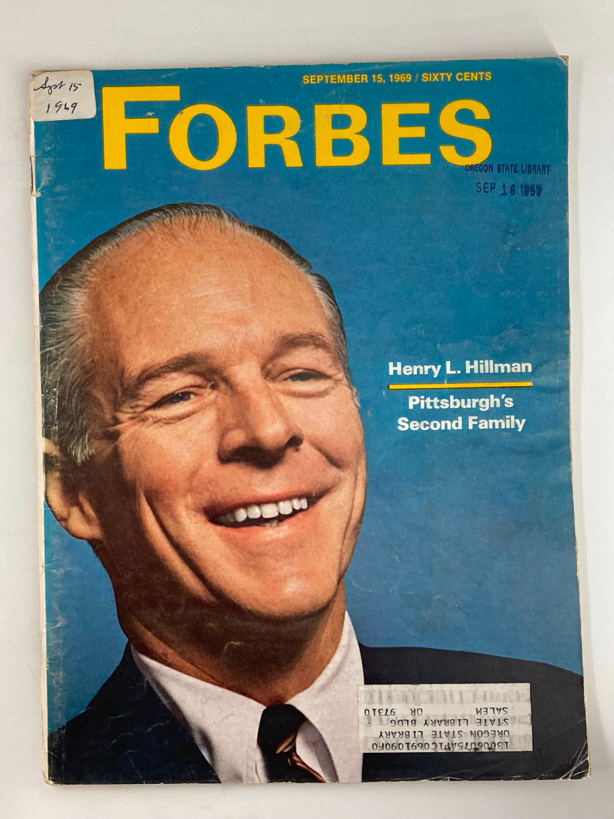 Cover of VTG Forbes Magazine September 15 1969 featuring Henry L. Hillman and the headline 'Pittsburgh's Second Family'.