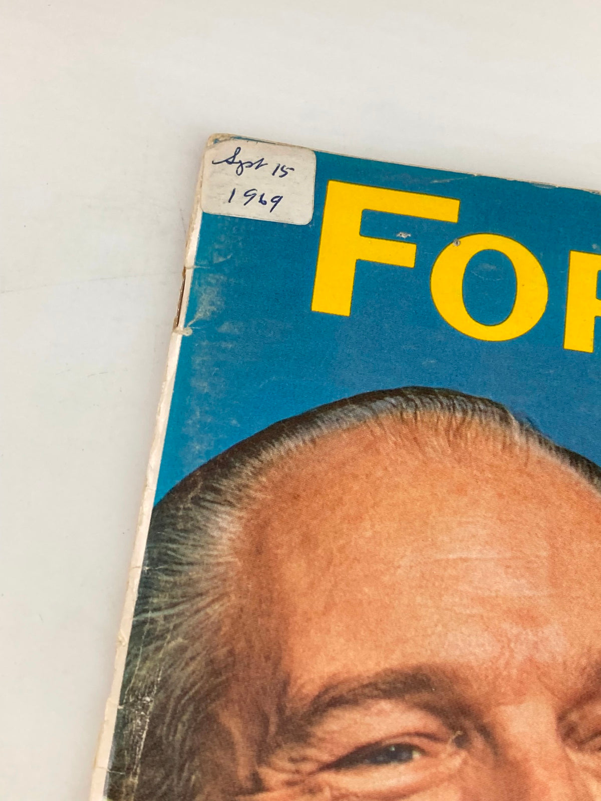 Close-up view of the top corner of the VTG Forbes Magazine September 15 1969 displaying the date and magazine title.