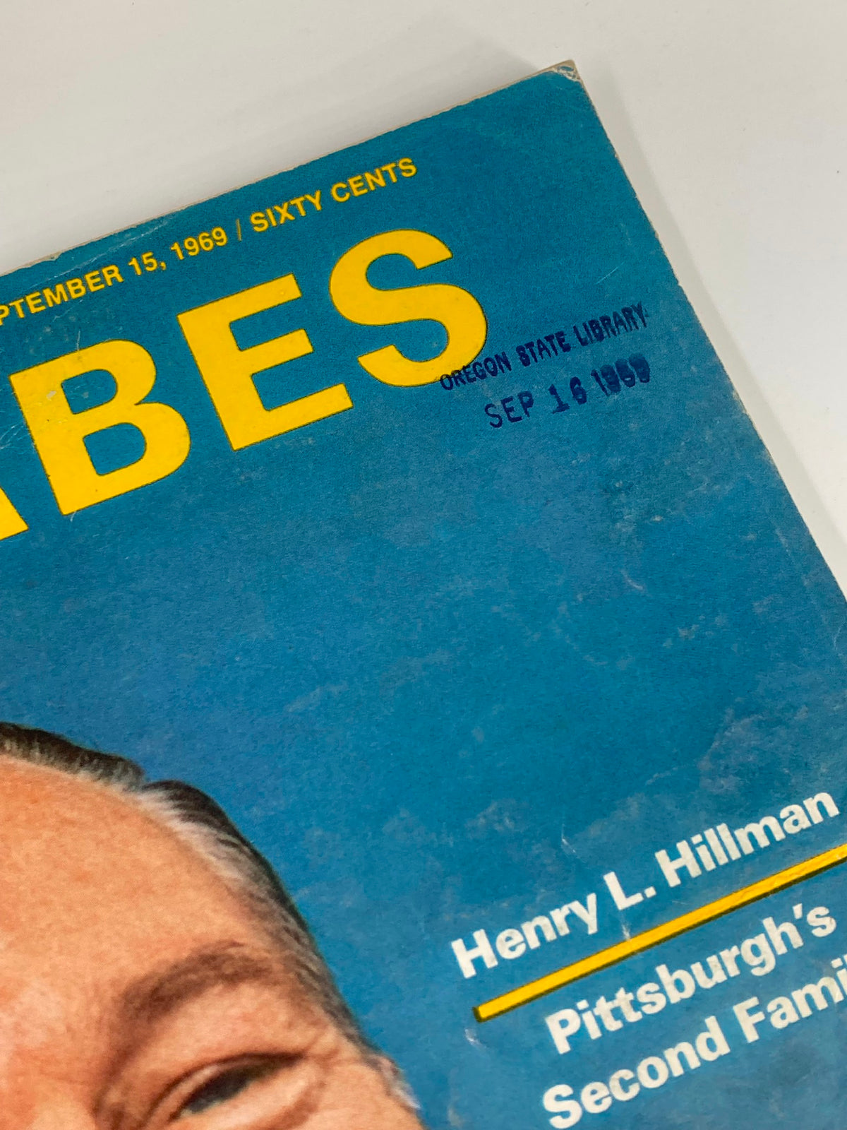 Detail of the date stamp on the VTG Forbes Magazine September 15 1969, showing 'Oregon State Library' and the date.
