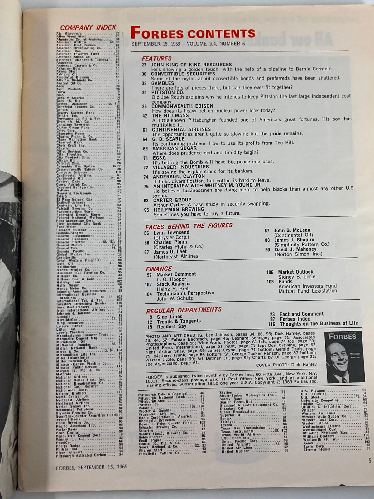 Inside page of the VTG Forbes Magazine September 15 1969, featuring the content index and article highlights.
