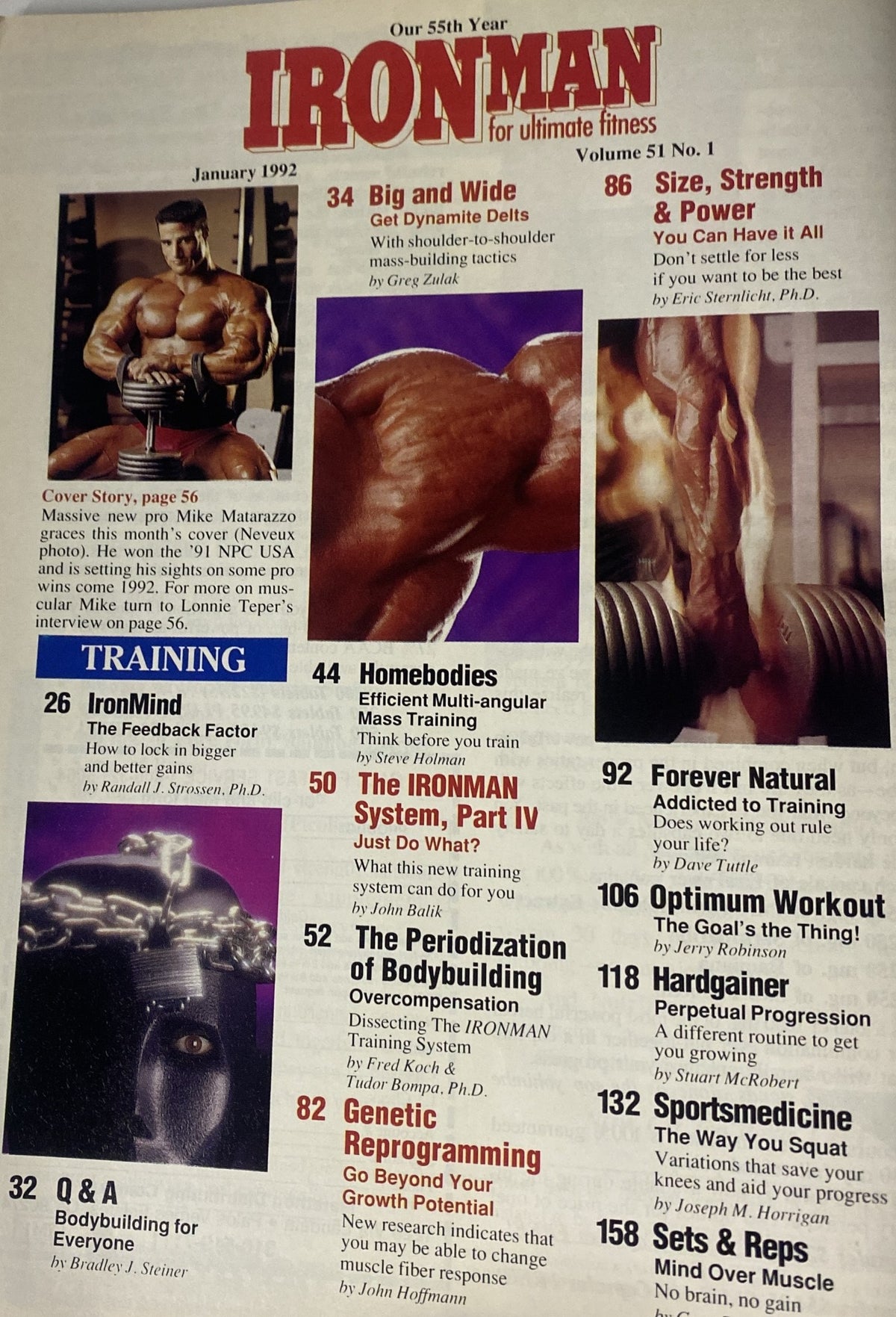 Table of Contents from IronMan Magazine January 1992 Vol. 51 No. 1, highlighting featured articles on bodybuilding techniques and training, including contributions from experts in the field.