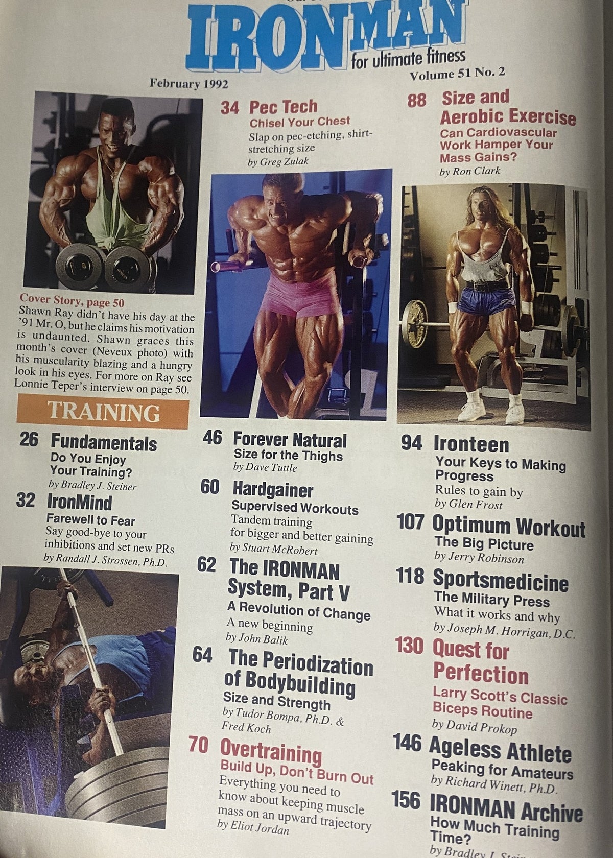 Inside preview of IronMan Magazine February 1992, Volume 51 No. 2, displaying the table of contents including articles on training techniques and nutrition.
