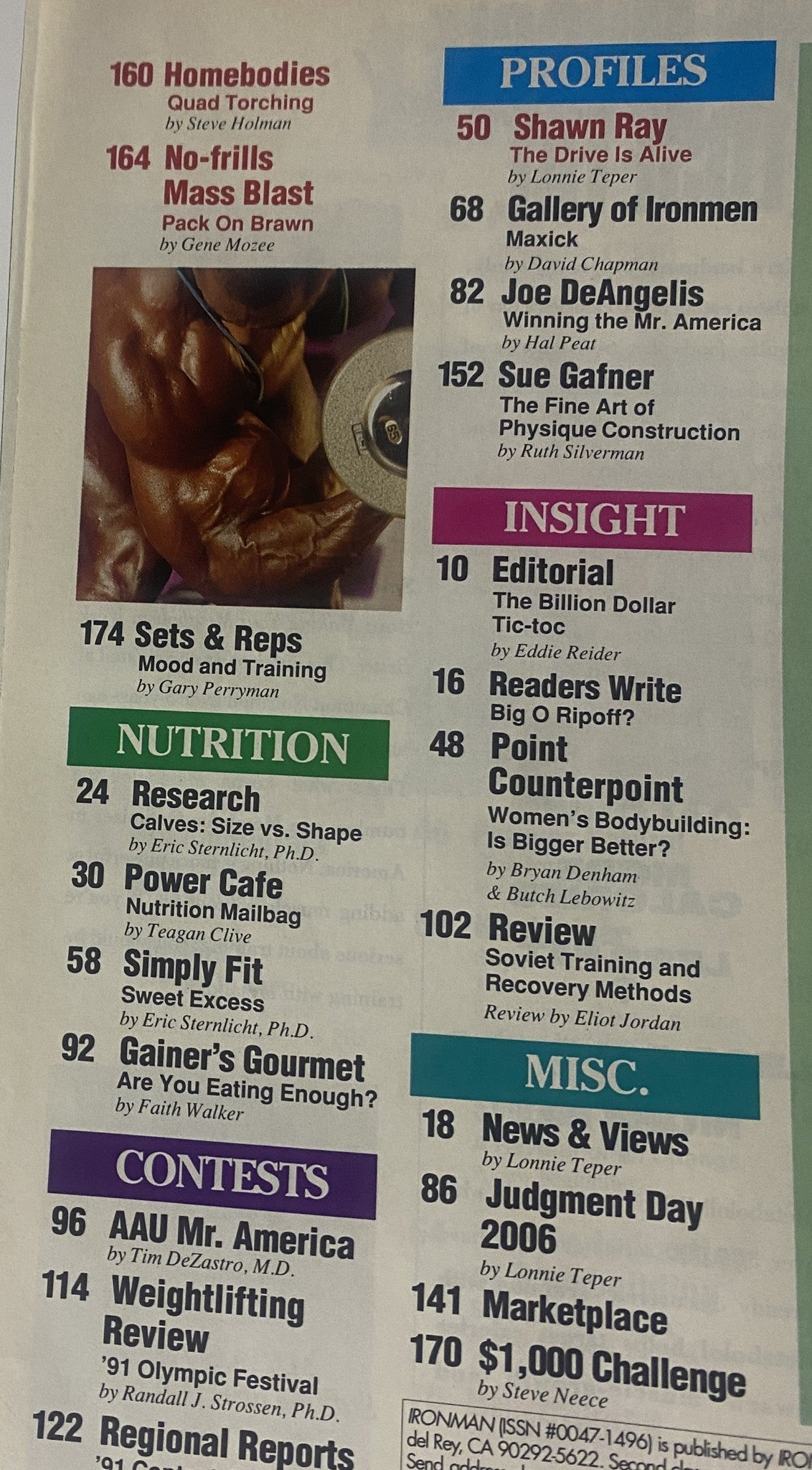 IronMan Magazine February 1992 Vol. 51 No. 2 featuring Shawn Ray – Table of Contents highlighting articles on bodybuilding, nutrition, and training. Vintage bodybuilding magazine in very good condition.