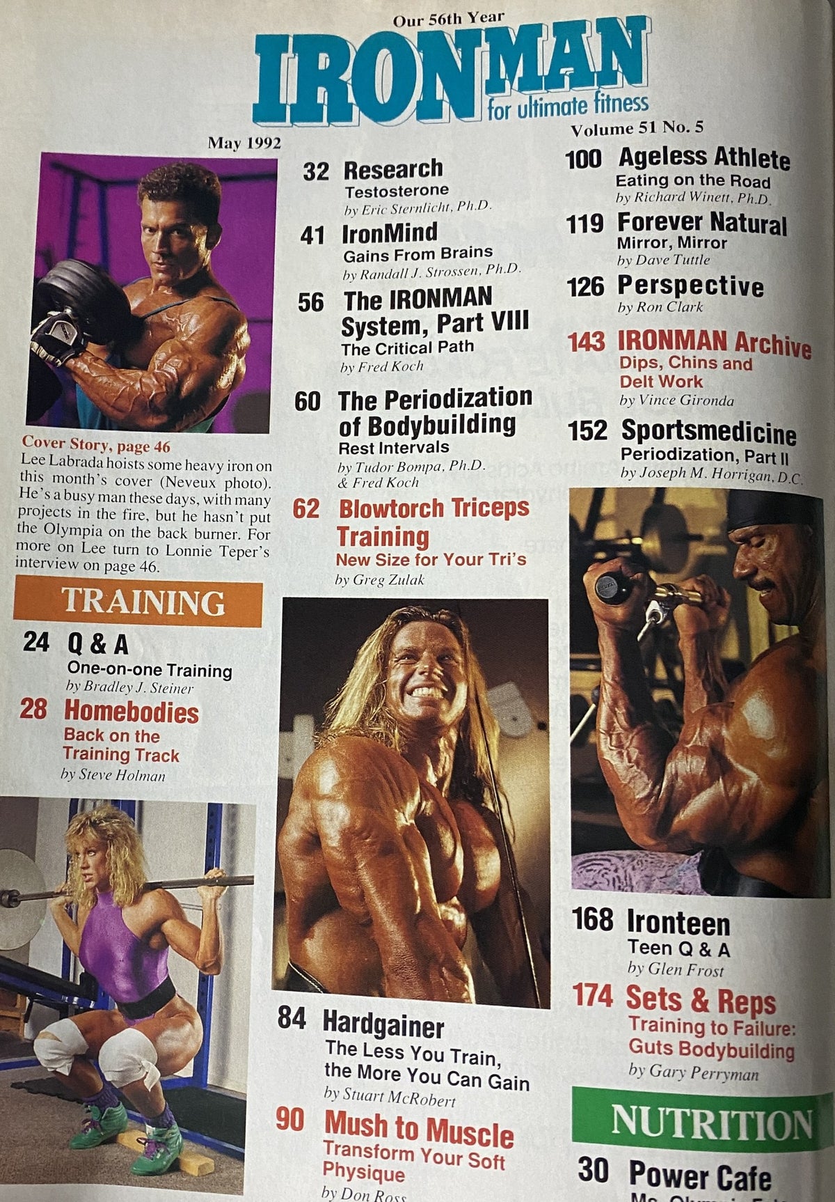 Inside page of IronMan Magazine May 1992 Vol 51 No. 5 displaying the table of contents with articles on bodybuilding, training, and nutrition.