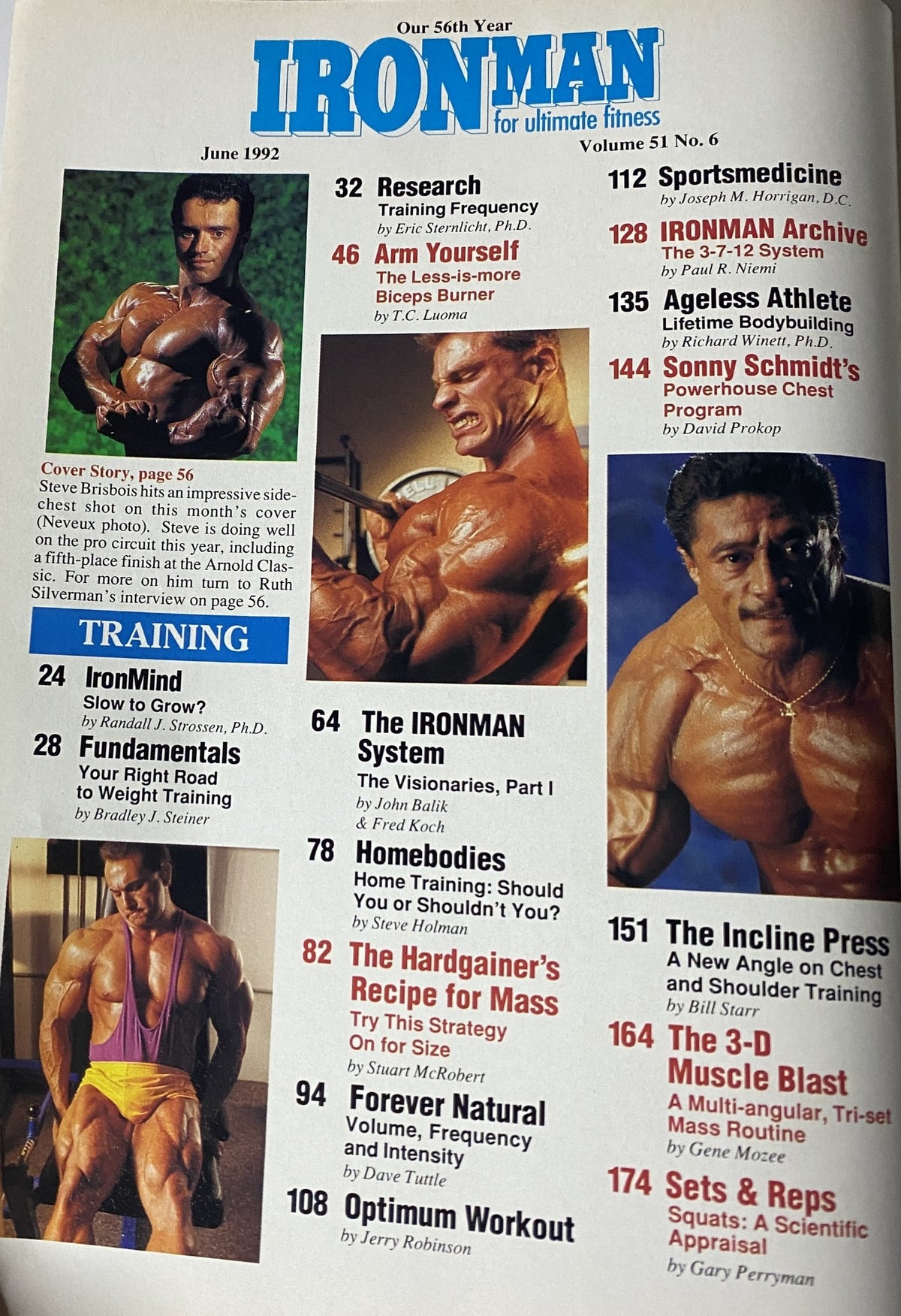 Inside page of IronMan Magazine June 1992 showing the table of contents, highlighting articles on training, research, and nutrition.