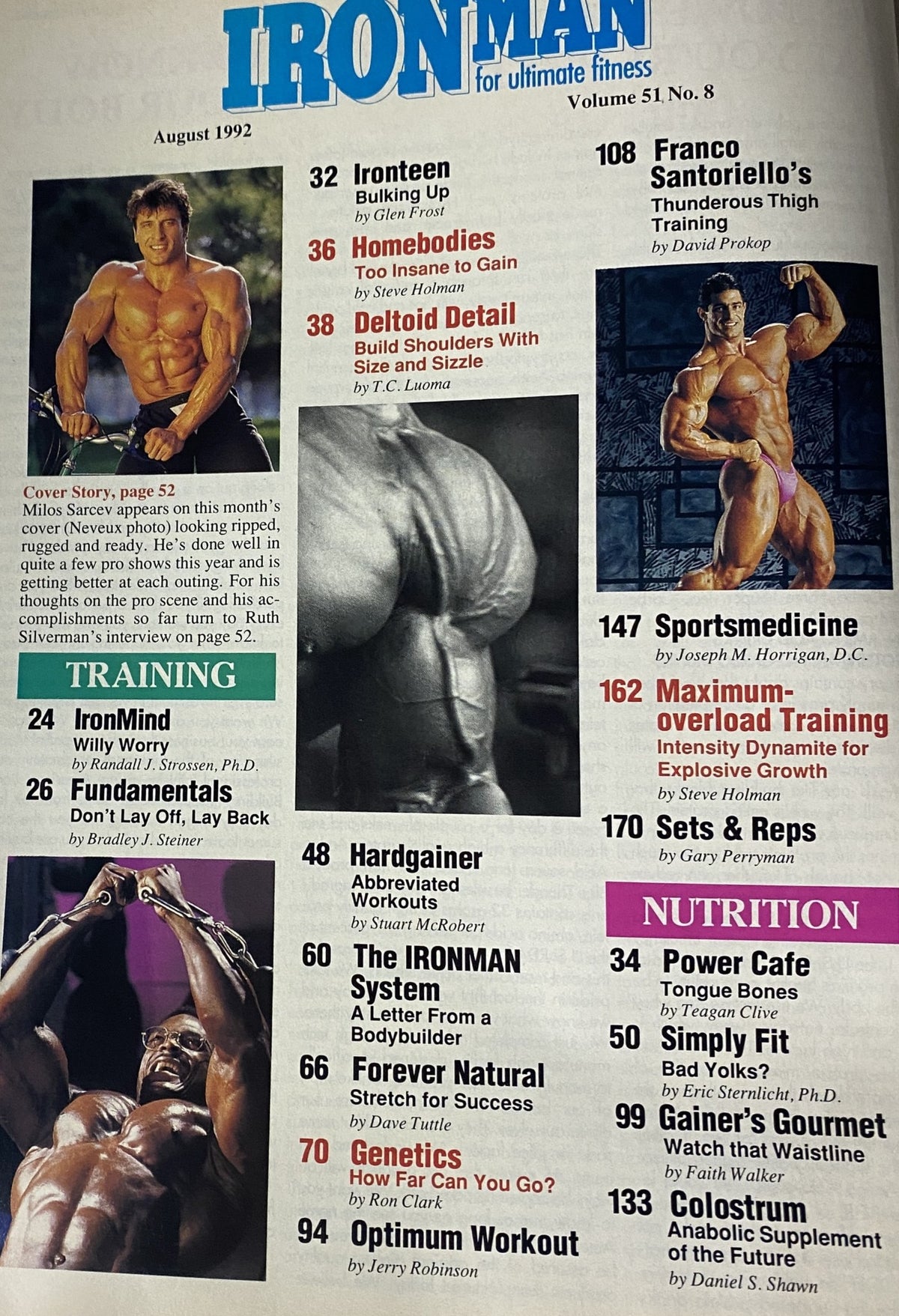 IronMan Magazine August 1992 Vol 51 No 8 featuring a table of contents highlighting topics on training, nutrition, and contests, including insights from Milos Sarcev.