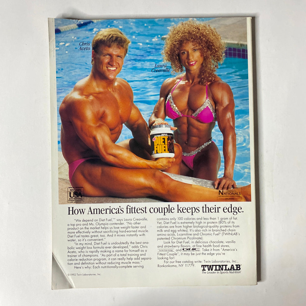 IronMan Magazine August 1992 Vol 51 No 8 display of a vintage advertisement featuring Chris Aceto and Laurie Caputo promoting the dietary supplement Diet Fuel.
