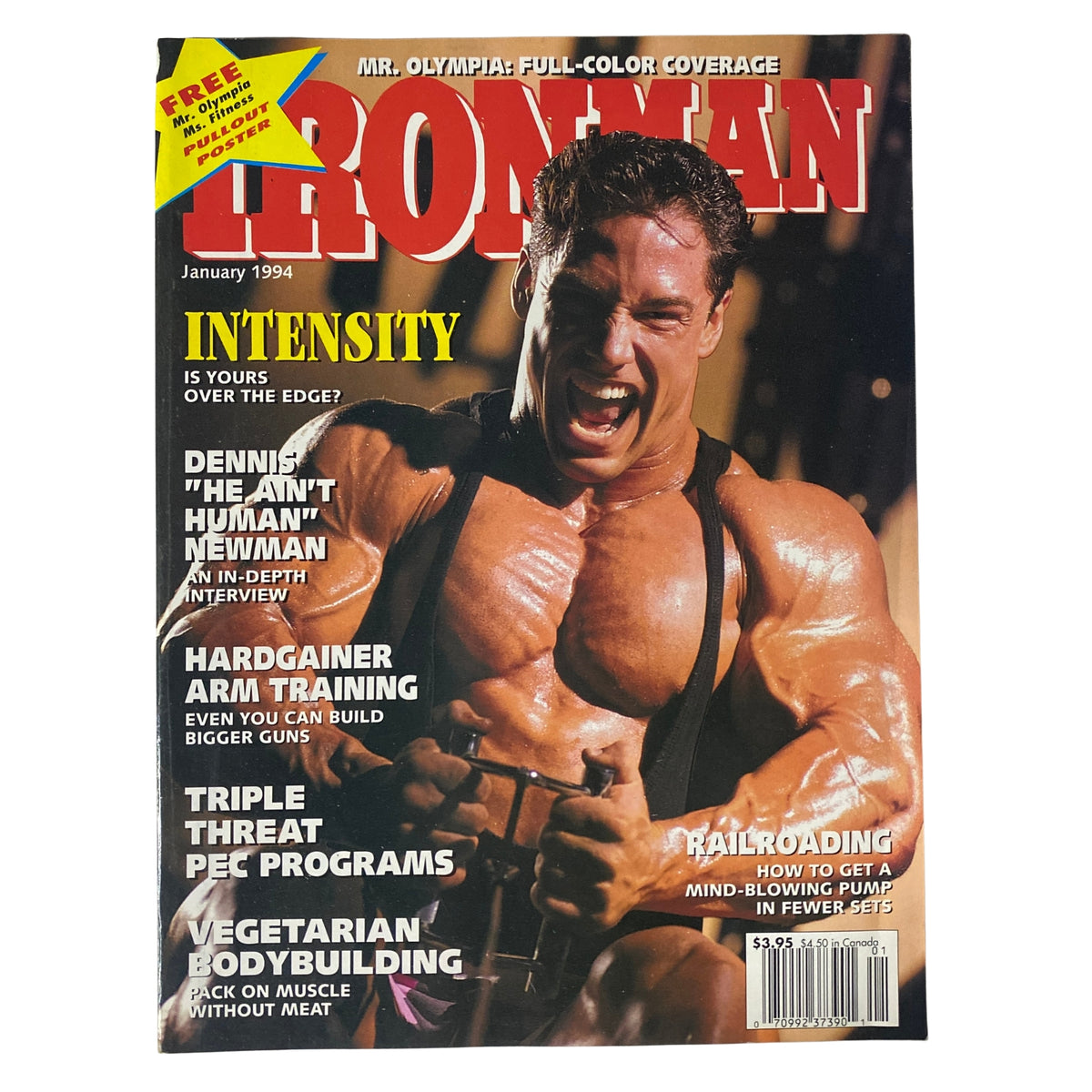 IronMan Magazine January 1994 Vol 53 No. 1 featuring Dennis Newman on the cover, showcasing a muscular athlete in a bodybuilding pose, capturing the intensity of fitness and training.