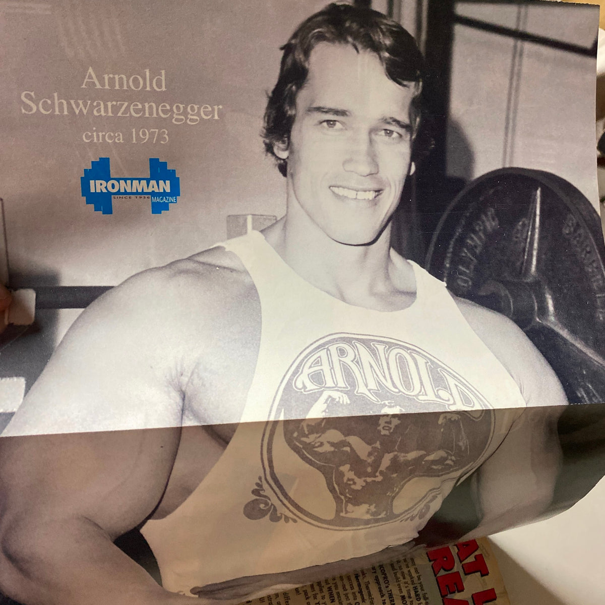 Vintage poster of Arnold Schwarzenegger from IronMan Magazine, circa 1973, highlighting classic bodybuilding aesthetics.