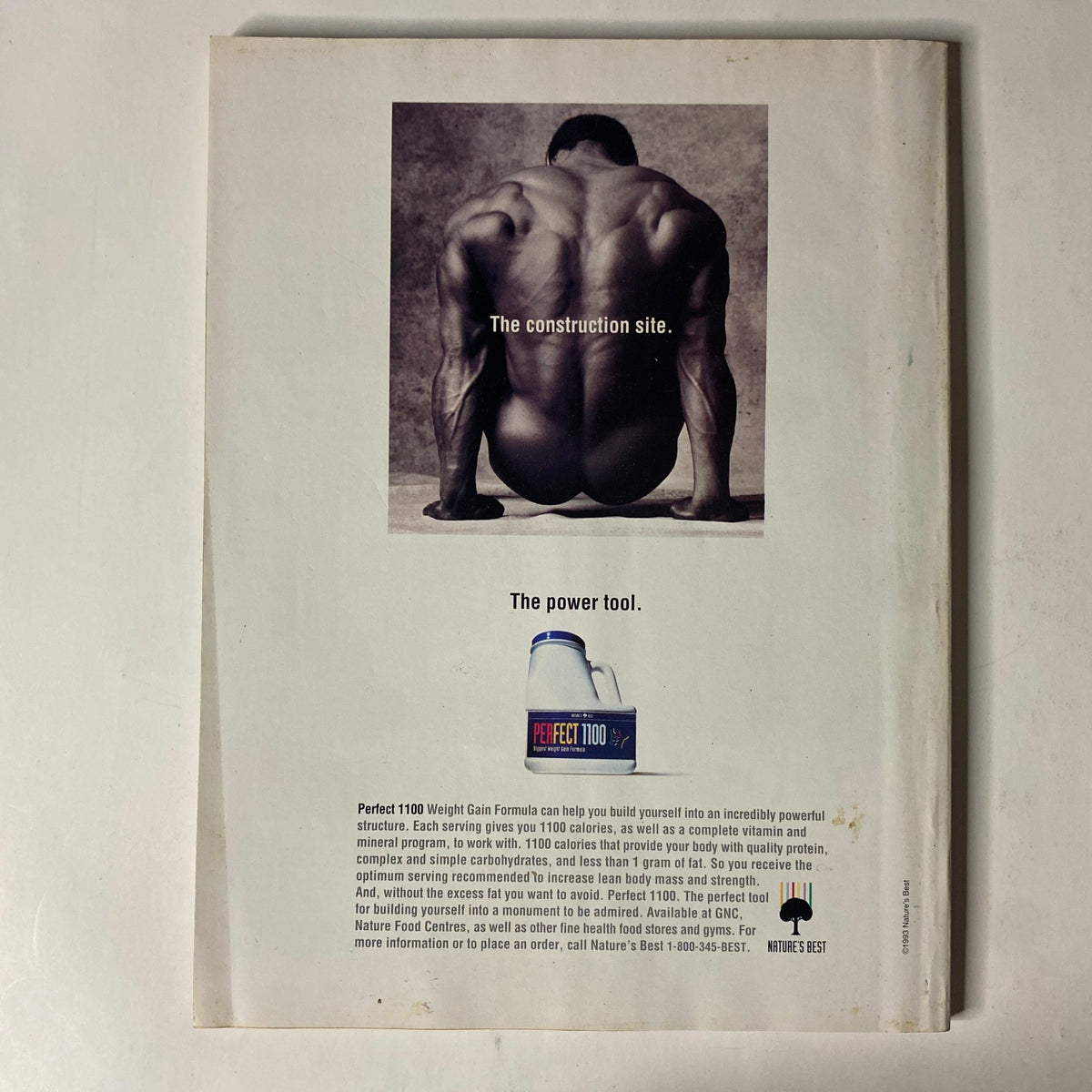 Back cover of IronMan Magazine April 1994 Vol 53 No 4, advertising Perfect 1100 Weight Gain Formula with a focus on bodybuilding.