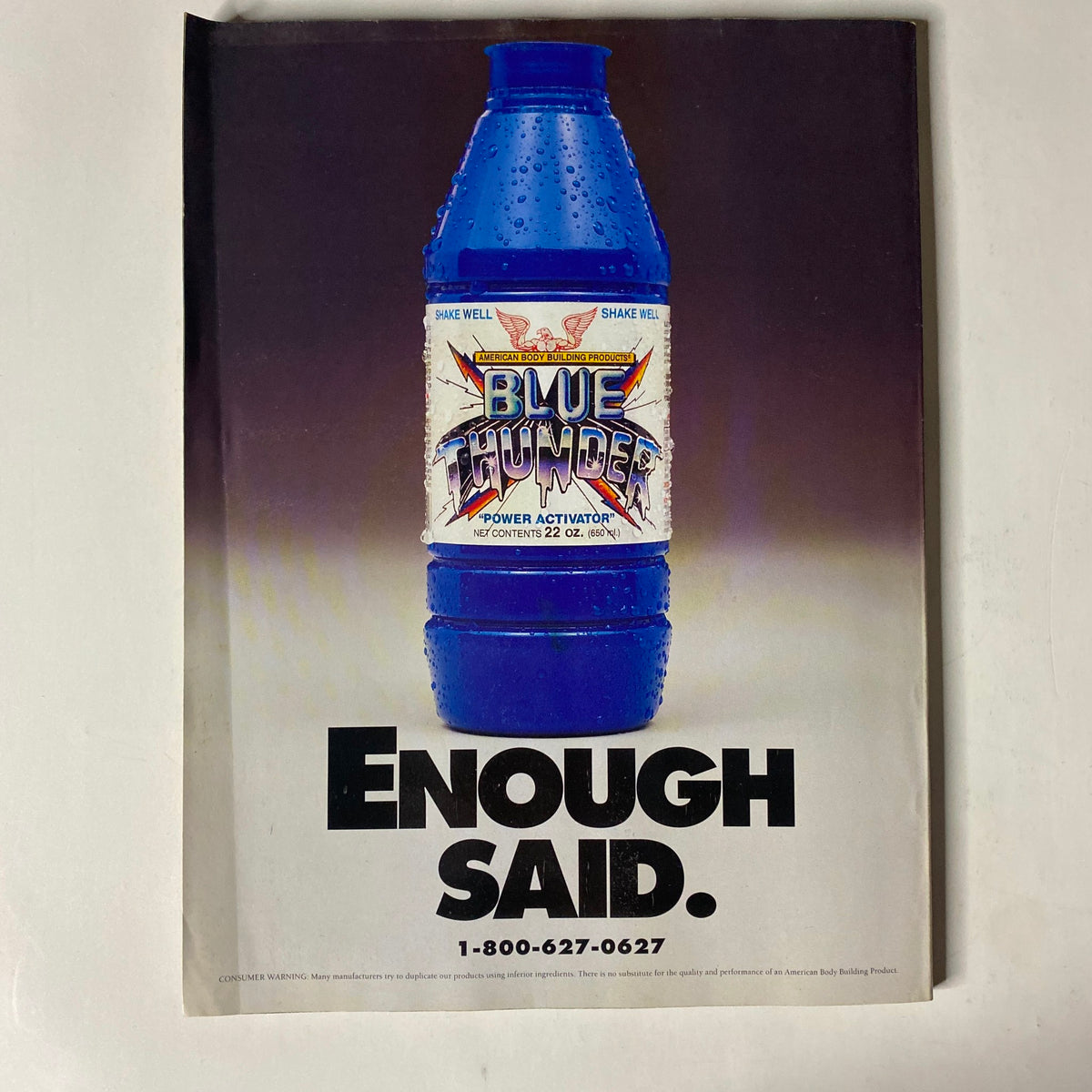 Advertisement for Blue Thunder energy drink featured in IronMan Magazine May 1994, promoting power activation with an eye-catching graphic design.
