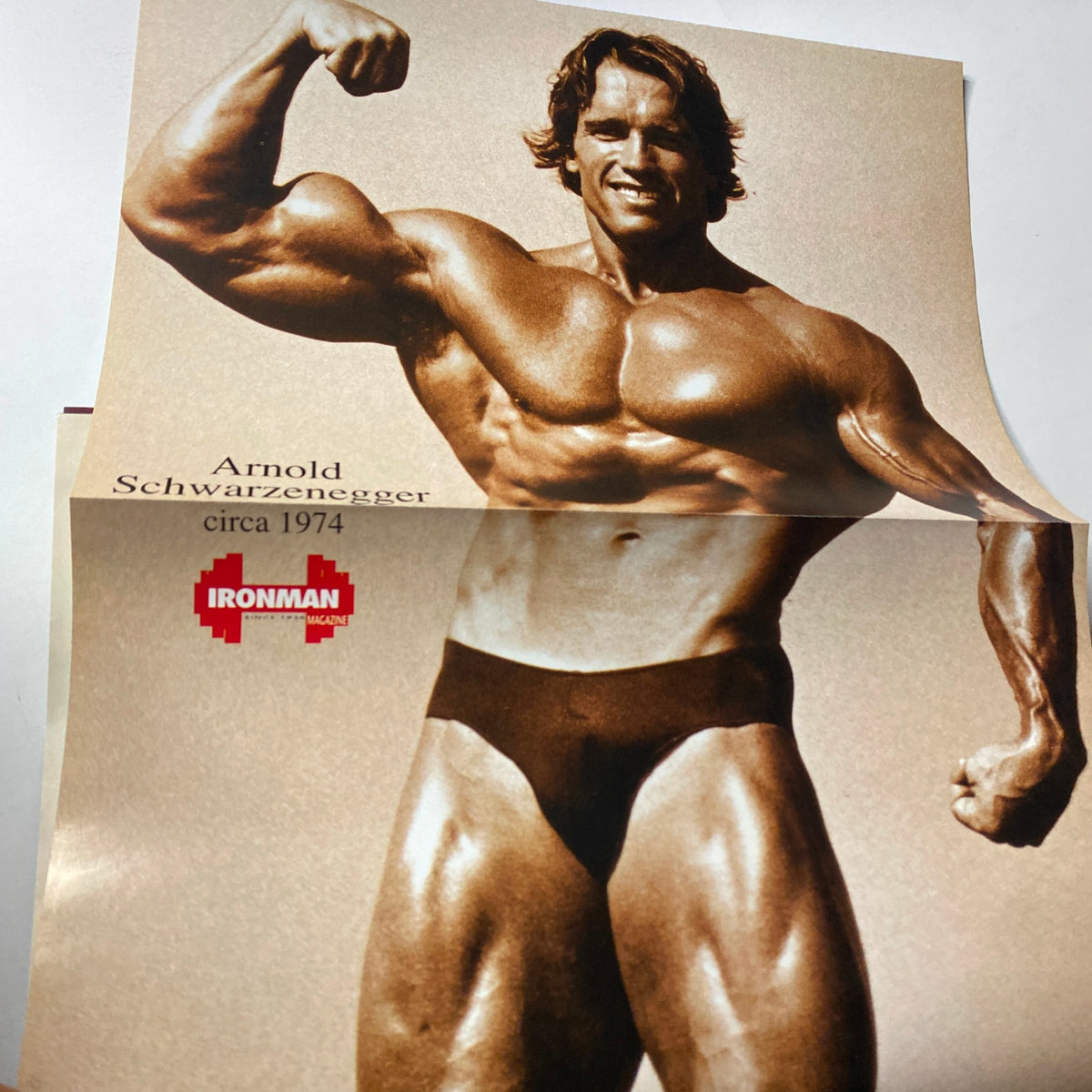 Poster included in IronMan Magazine July 1994 Vol 53 No. 7, featuring a classic image of Arnold Schwarzenegger showcasing his bodybuilding physique from 1974.