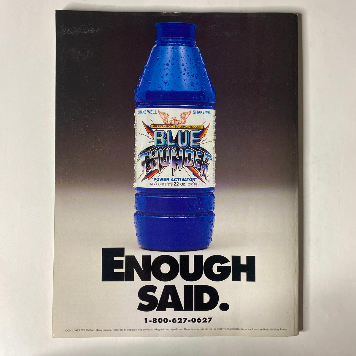 Advertisement for Blue Thunder beverage in IronMan Magazine July 1994 Vol 53 No. 7, promoting power activation with an eye-catching blue bottle design.