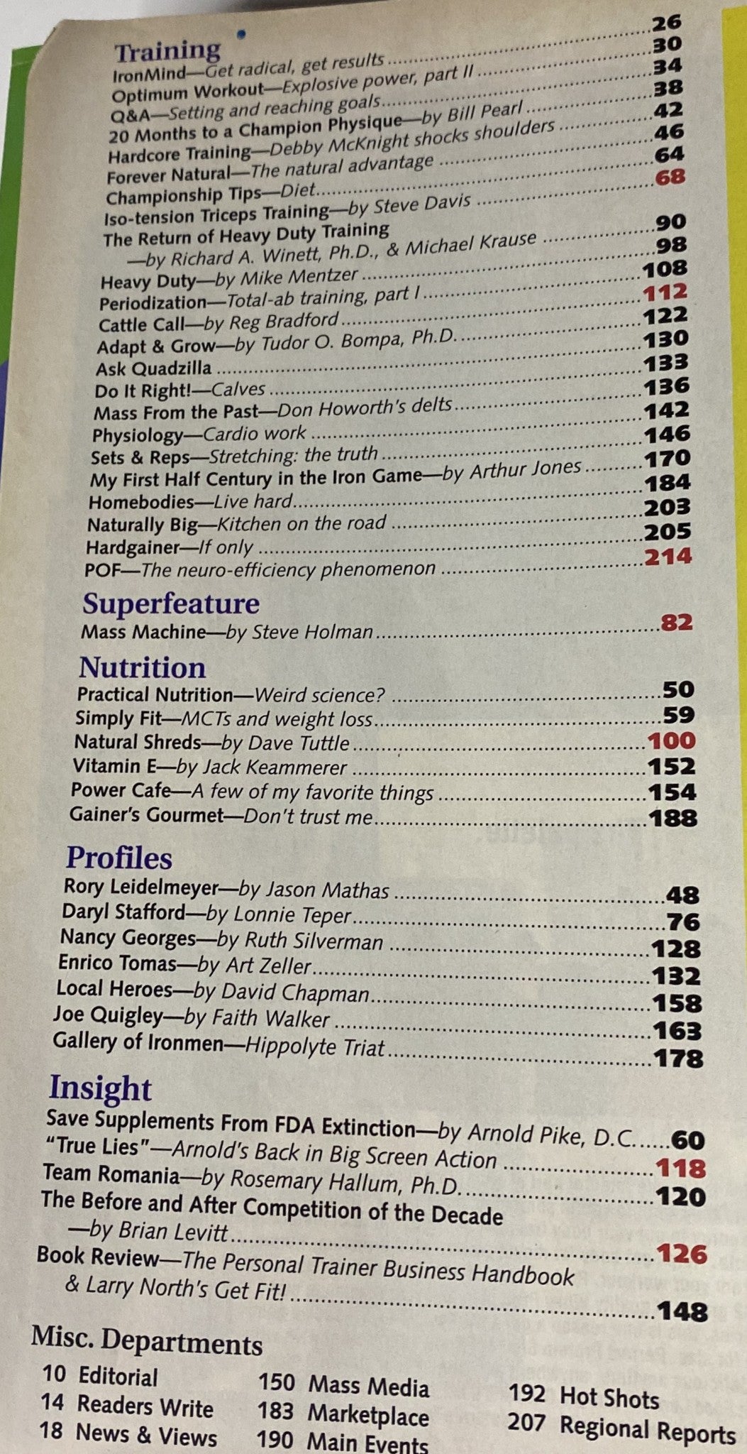 Table of contents for IronMan Magazine September 1994 Vol 53 No. 9, listing articles on training and nutrition, including sections on classic bodybuilding and profiles.