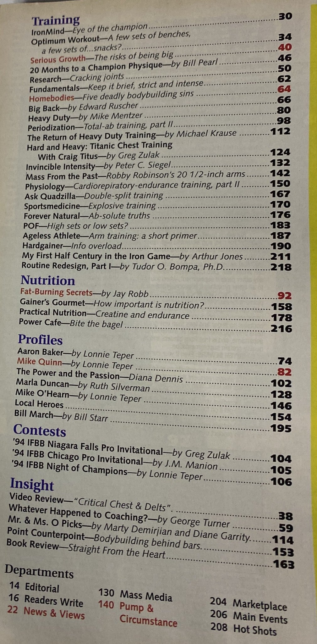 Table of Contents from IronMan Magazine October 1994 Vol 53 No 10, detailing articles on training, nutrition, and profiles of prominent bodybuilders.