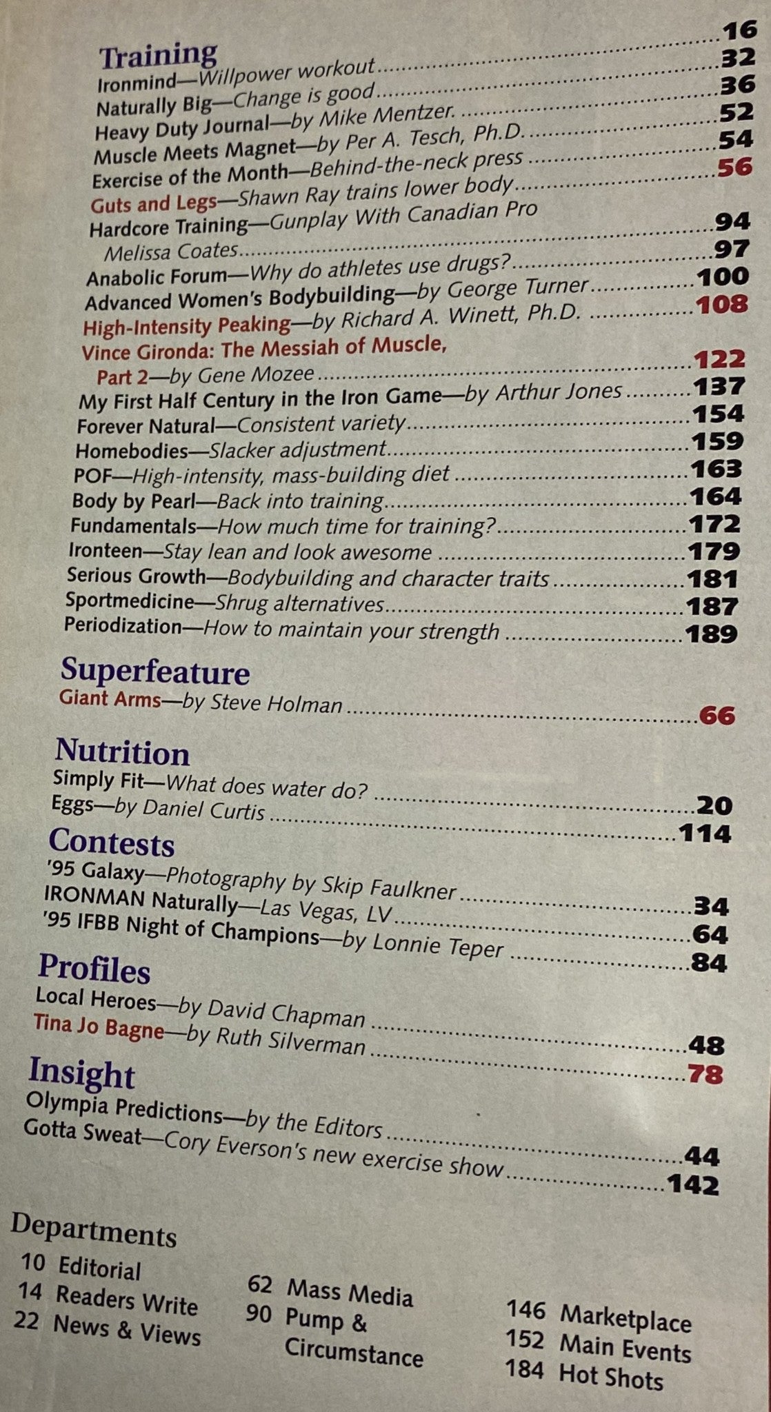 Contents page from IronMan Magazine October 1995 Vol 54 No. 10, detailing articles on training, nutrition, and bodybuilding insights.