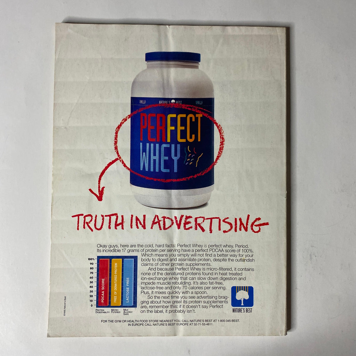 Advertisement for Perfect Whey featured in IronMan Magazine October 1995 Vol 54 No. 10, emphasizing the importance of protein in bodybuilding.