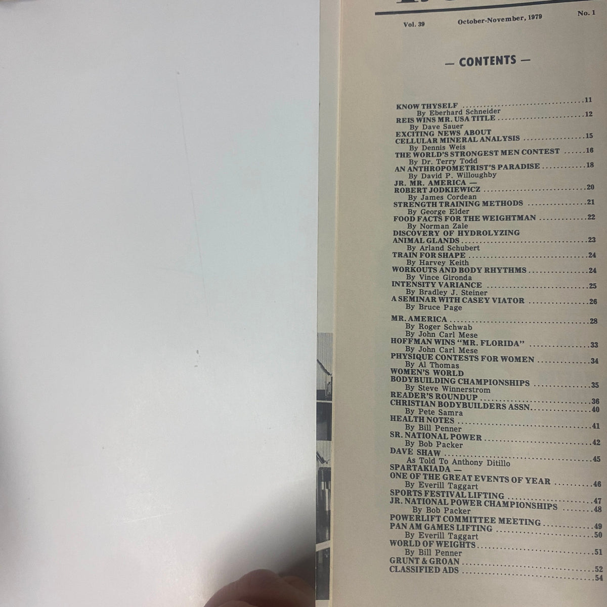 Table of contents for IronMan Magazine November 1979 Vol 39 No. 1 featuring articles like 'Know Thyself' and 'Jr. Mr. America – Robert Jodkiewicz'.