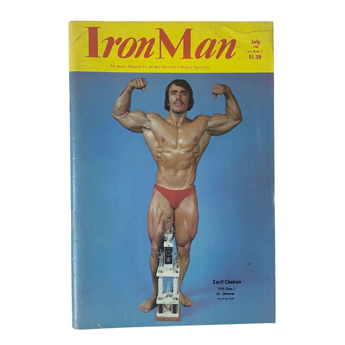 IronMan Magazine July 1980 Vol 39 No. 5 featuring Zarif Chabani on the cover, showcasing the bodybuilding enthusiast flexing muscles with a trophy display, in very good condition with vintage appeal.