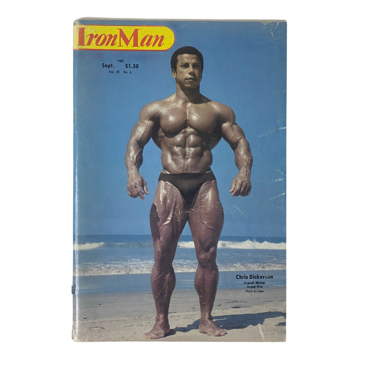 IronMan Magazine September 1980 Vol 39 No. 6 featuring Chris Dickerson on the cover, showcasing his impressive physique on a beach backdrop.