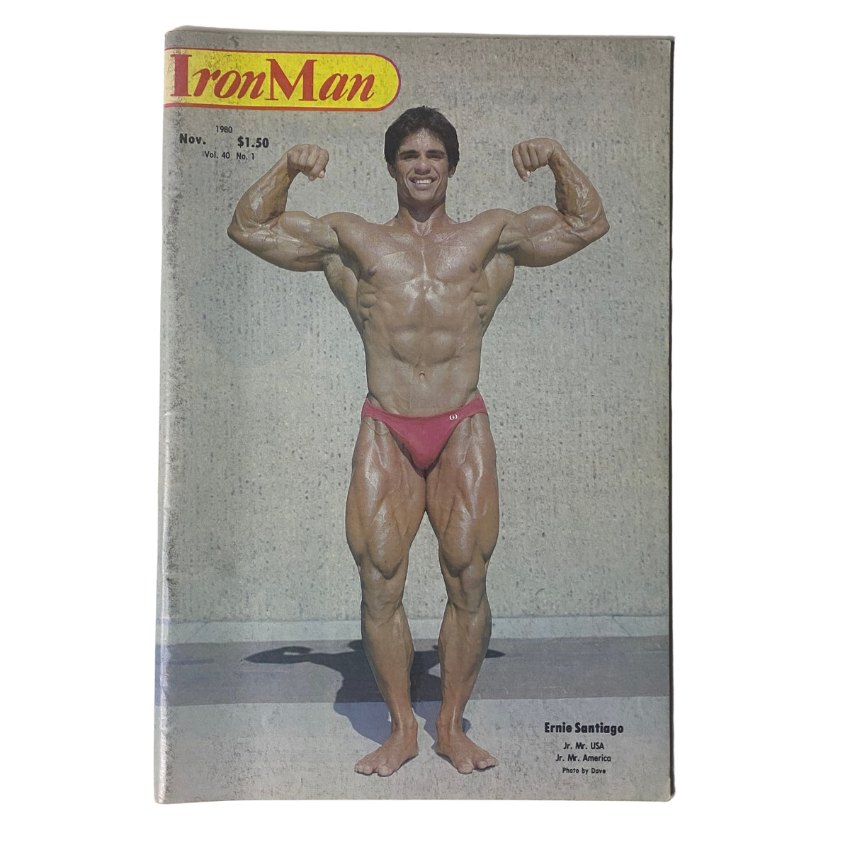 Cover of IronMan Magazine, November 1980, Vol. 40 No. 1 featuring Ernie Santiago, showcasing a muscular physique in a competitive pose. Magazine is in good condition, highlighting bodybuilding and fitness.