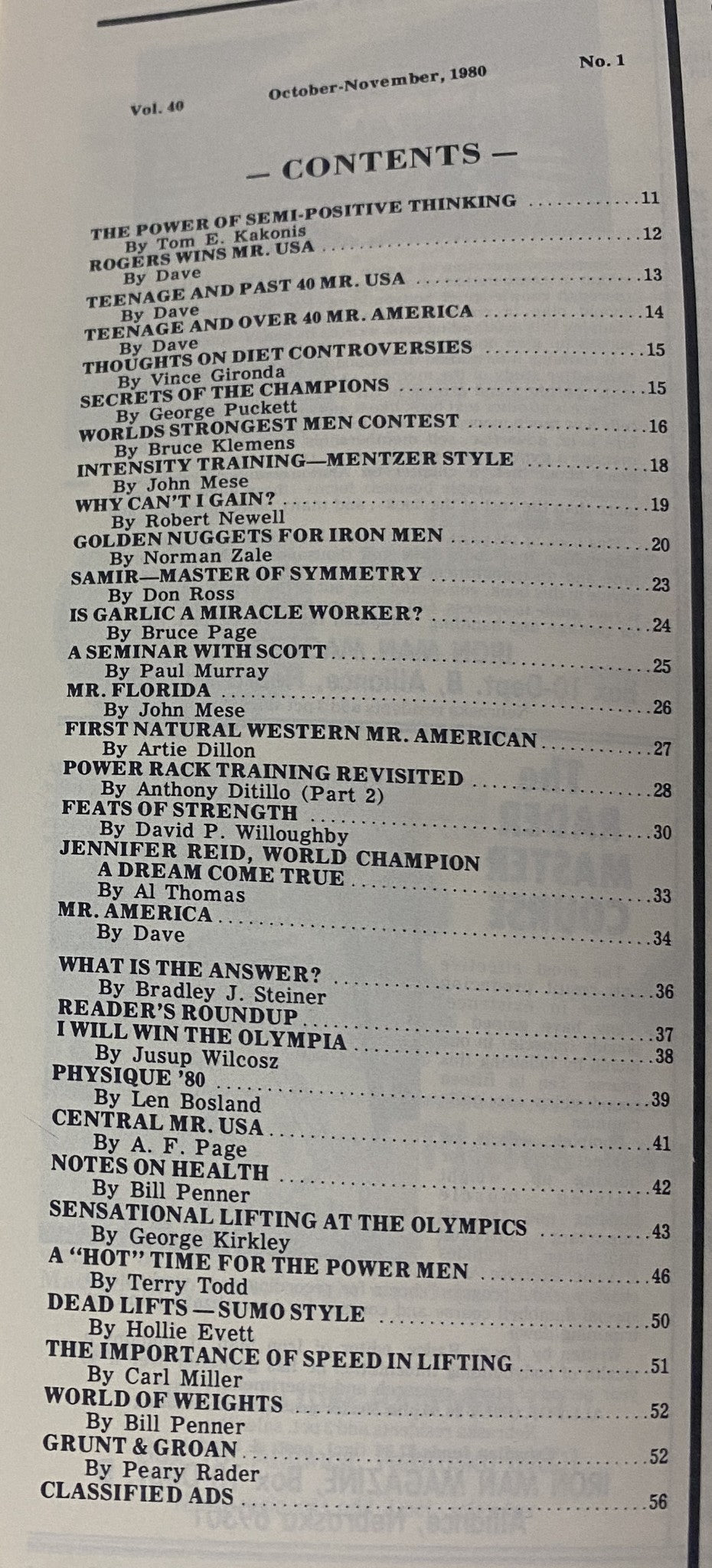 Table of contents from IronMan Magazine November 1980 Vol 40 No. 1 featuring articles on bodybuilding and fitness.