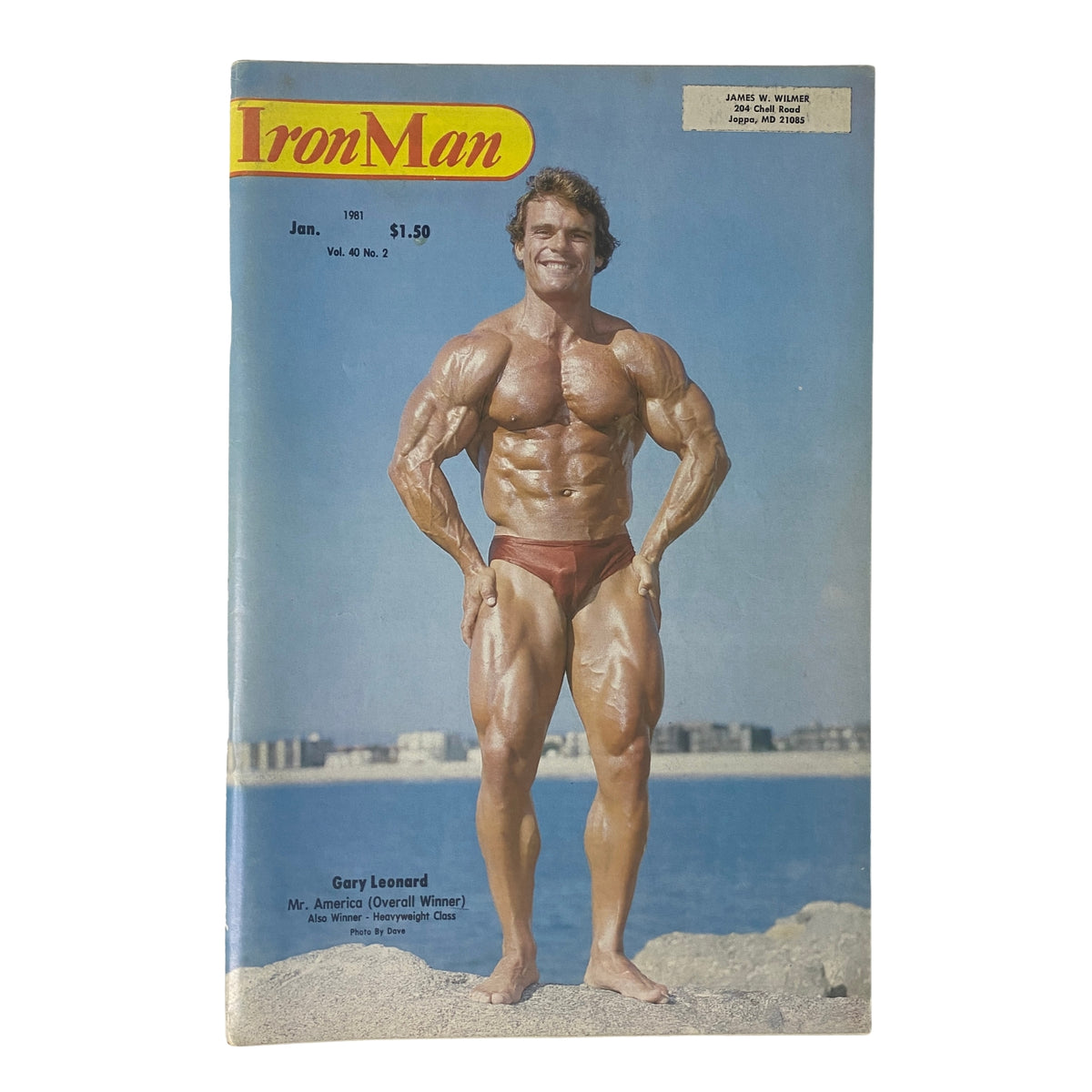 Cover of IronMan Magazine January 1981 Vol 40 No. 2 featuring Gary Leonard, Mr. America Overall Winner, showcasing his muscular physique by the beach.
