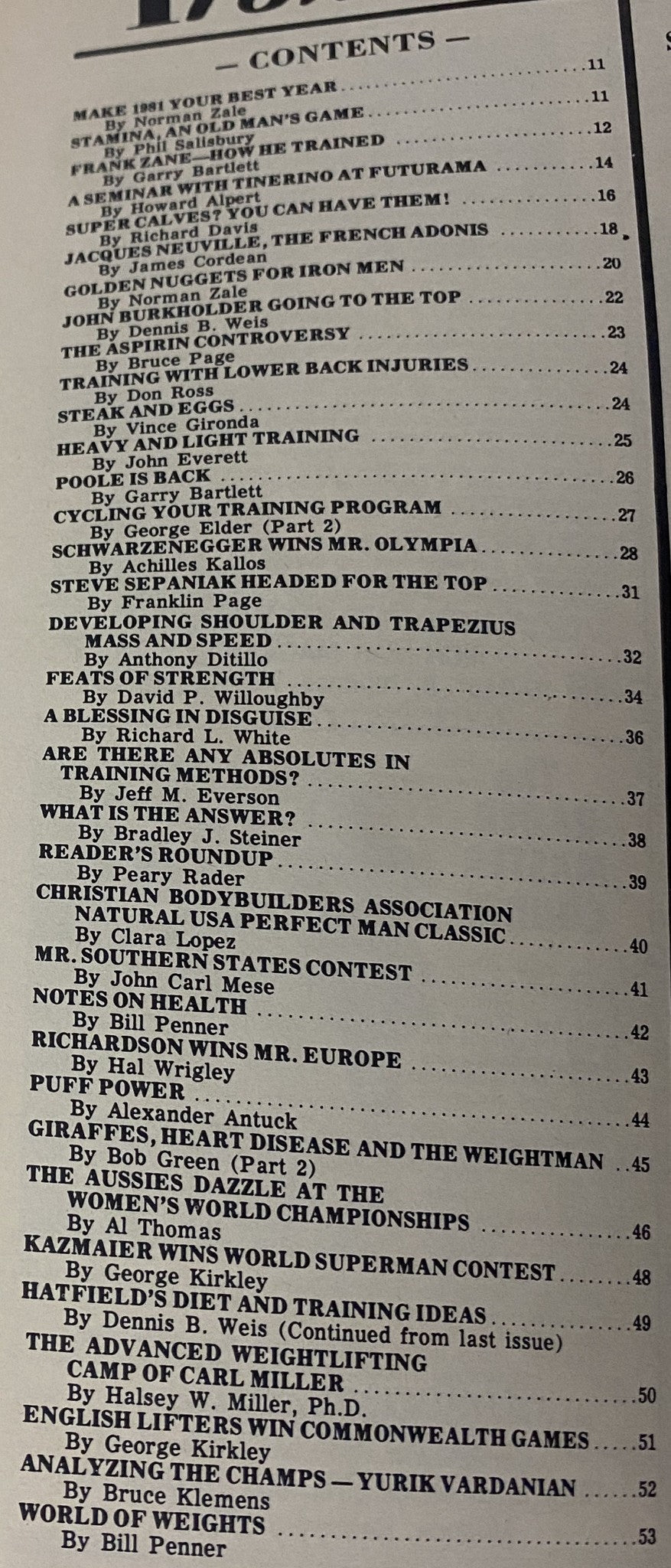 Contents page of IronMan Magazine January 1981 Vol 40 No. 2, listing articles on bodybuilding training, competitions, and health topics.