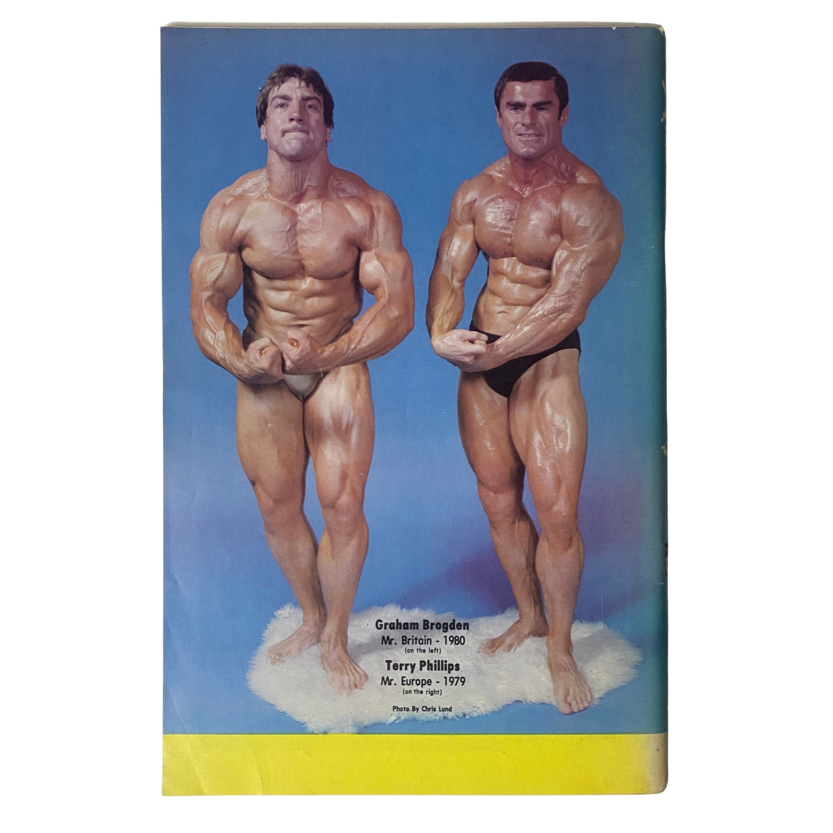 Back cover of IronMan Magazine March 1981 Vol 40 No 3 featuring Graham Brogden, Mr. Britain 1980, and Terry Phillips, Mr. Europe 1979, showcasing their muscular abs and physique in a posed photograph.