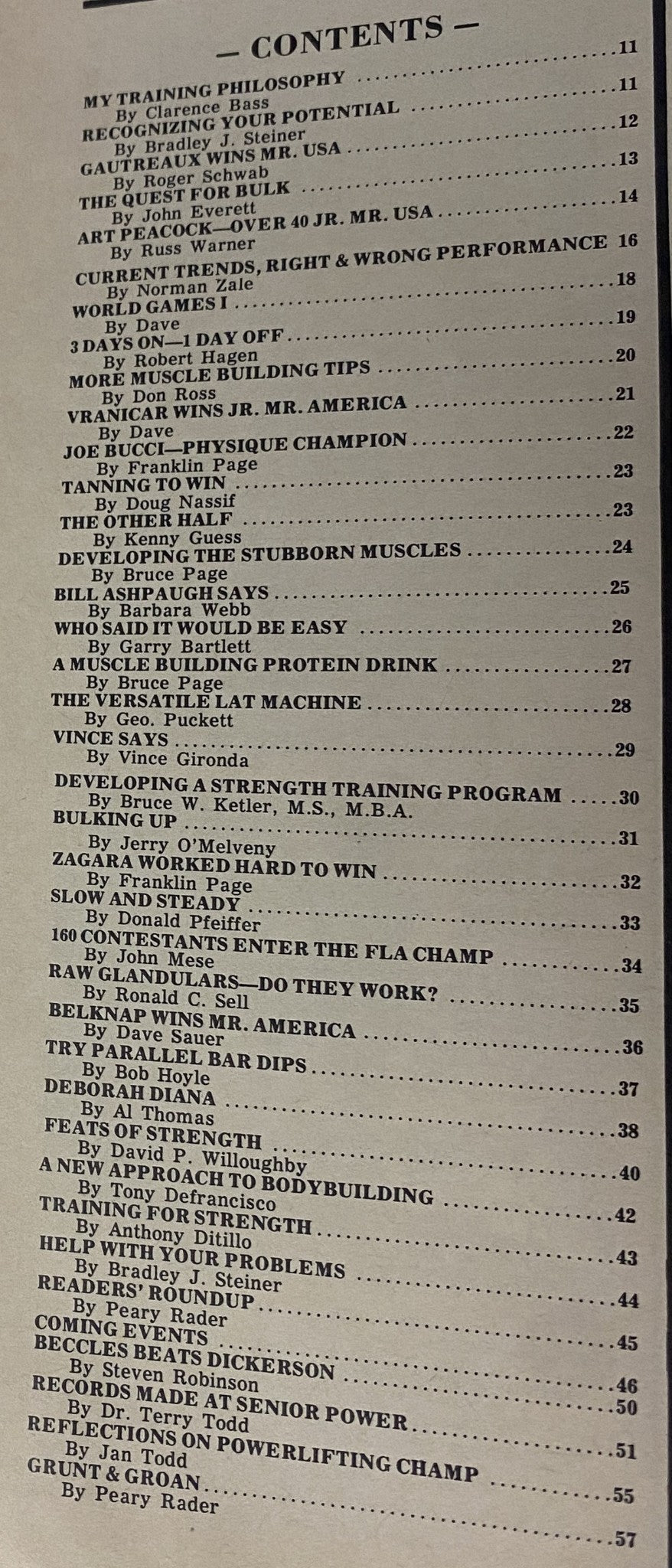 IronMan Magazine November 1981 Vol 41 No 1 Mike Mentzer - Table of contents page outlining articles and features related to bodybuilding and fitness, including training philosophies and contest reports.