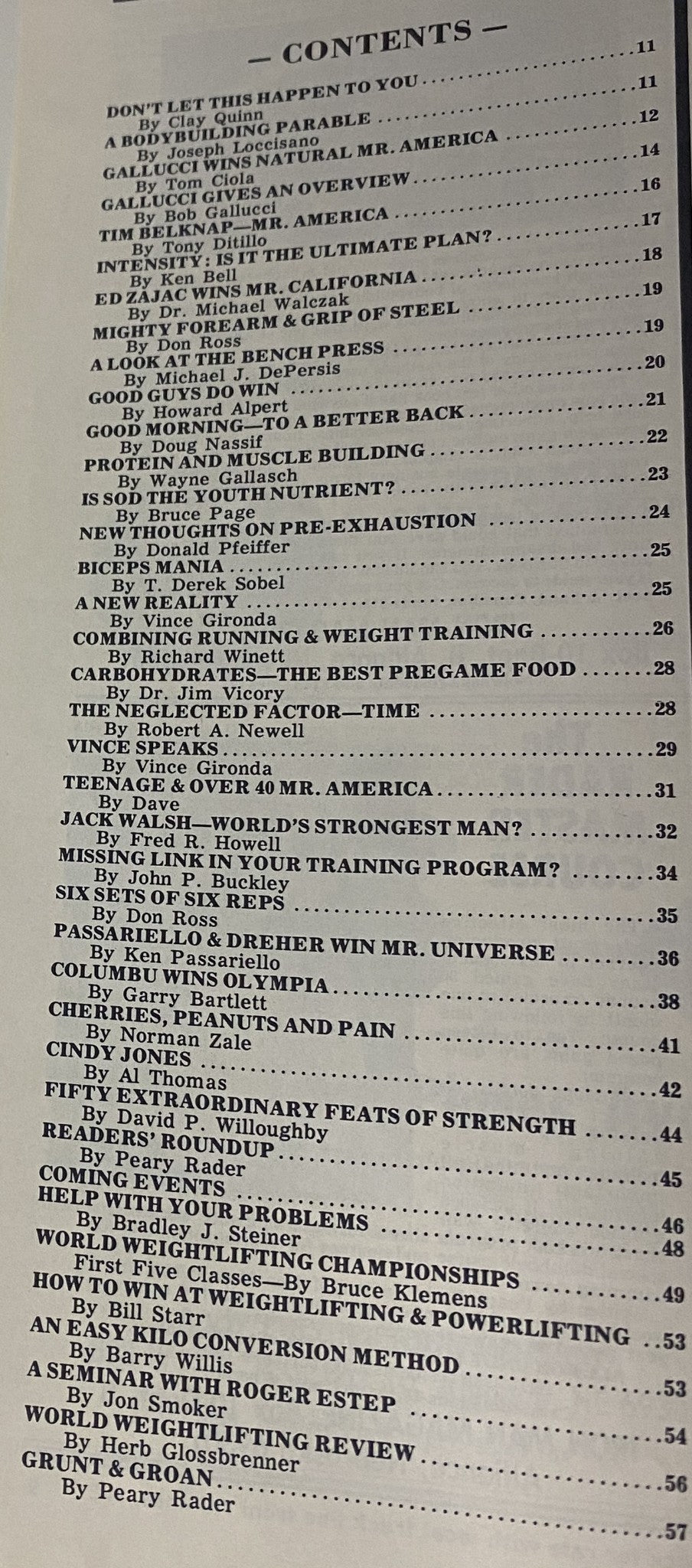 Table of contents from IronMan Magazine January 1982 Vol 41 No. 2, listing featured articles including training and nutrition insights.