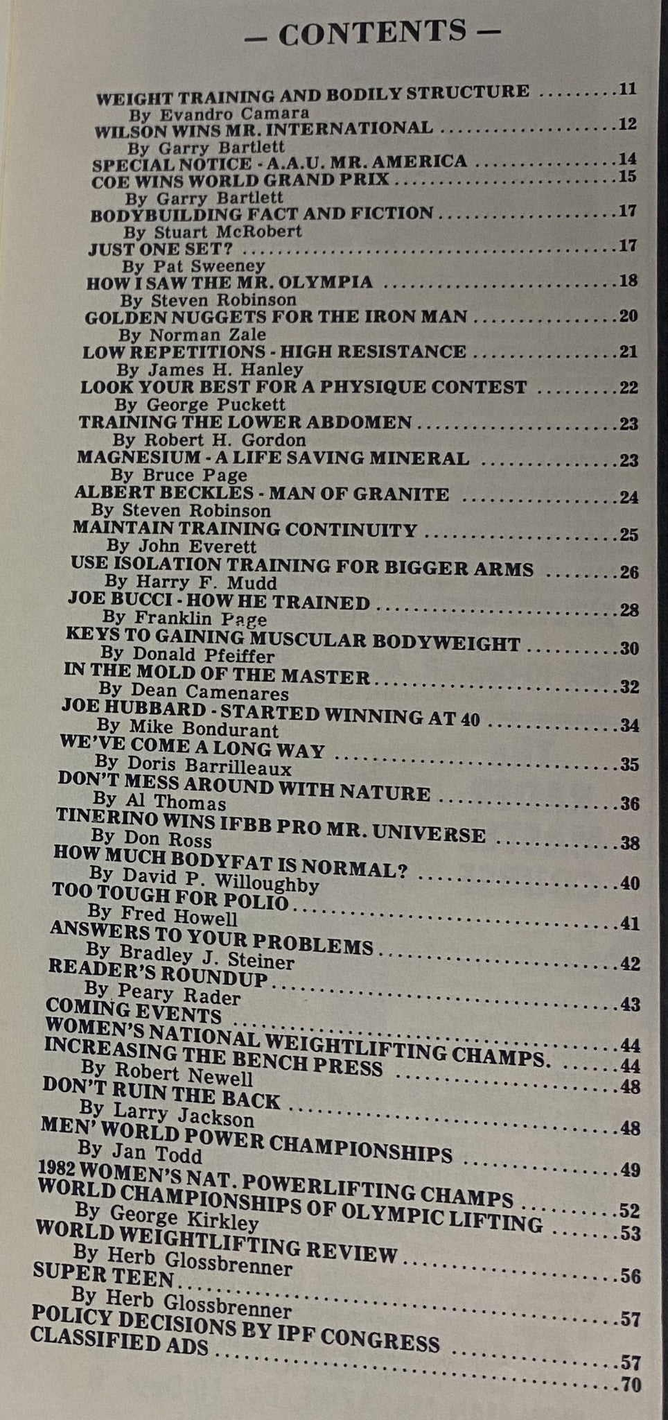 Contents page from IronMan Magazine March 1982 Vol. 41 No. 3 featuring Jesse Gautreaux, highlighting articles on bodybuilding, weight training, and fitness.