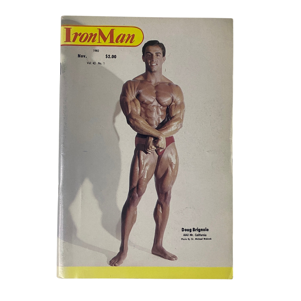 Cover of IronMan Magazine November 1982, Volume 42, Number 1 featuring Doug Brignole, showcasing classic bodybuilding aesthetics and vintage magazine style.