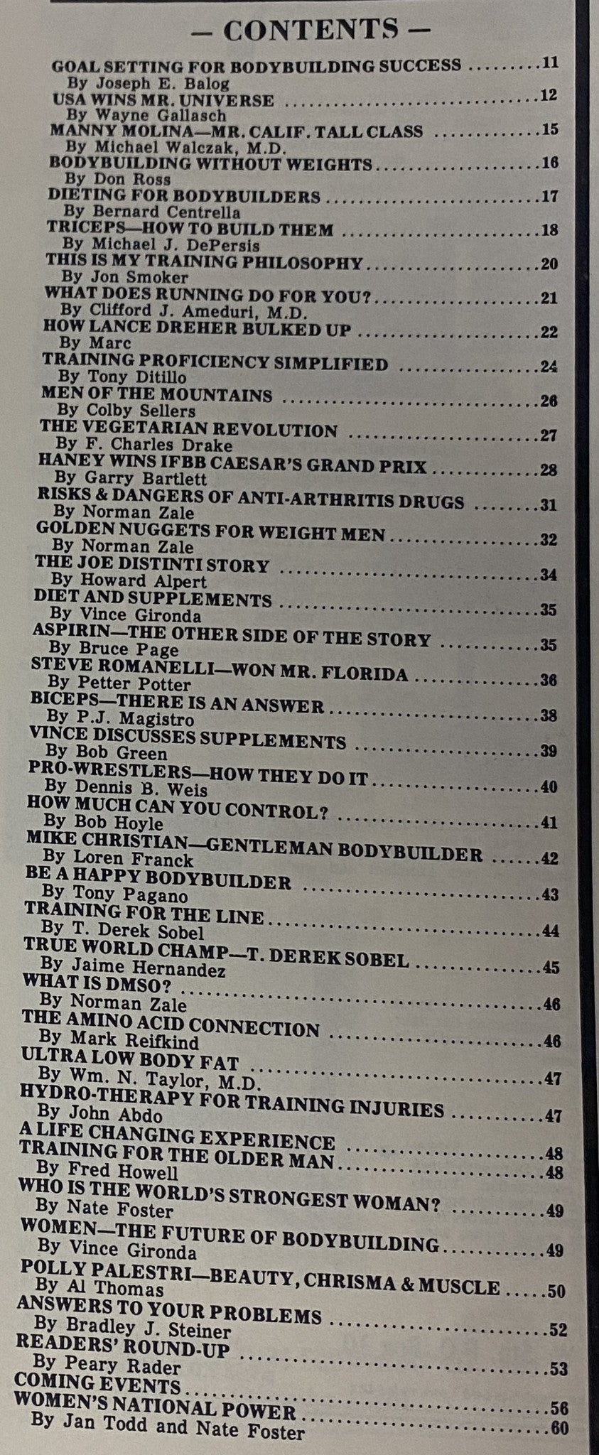 Table of contents from IronMan Magazine May 1984 Vol 43 No. 4, listing articles on bodybuilding, training, and nutrition.