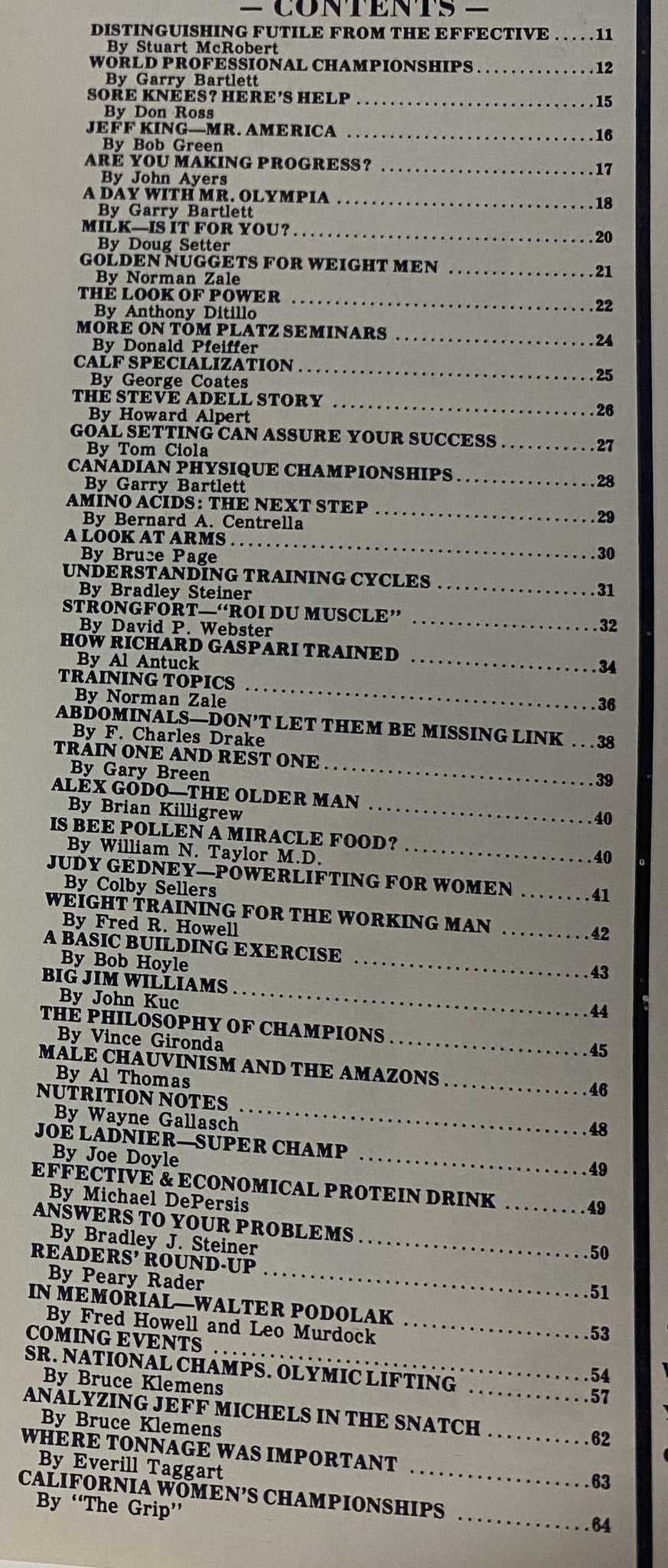 Table of Contents from IronMan Magazine July 1984, outlining various articles and features on bodybuilding, fitness, and nutrition for Volume 43, Number 5.