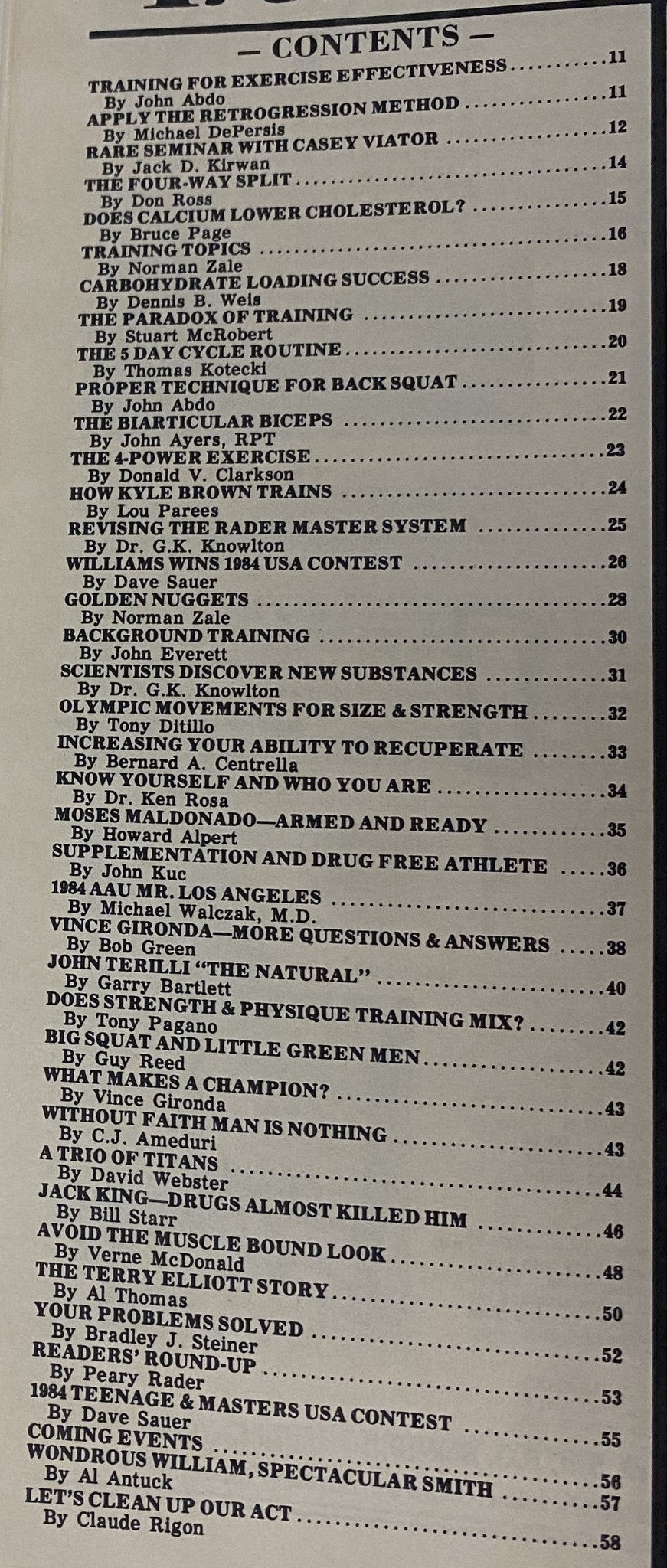 Table of contents from IronMan Magazine November 1984 Vol 44 No. 1, listing various articles and features related to bodybuilding and fitness.