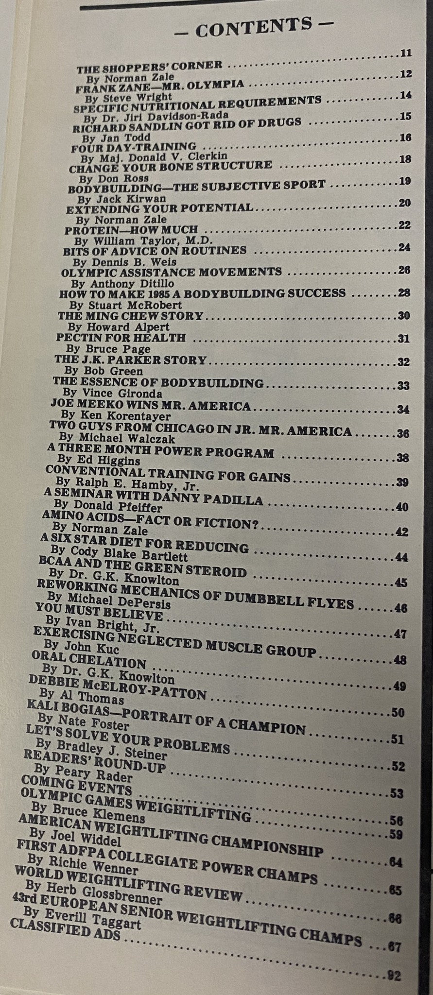 Table of contents of IronMan Magazine January 1985 Vol 44 No. 2, listing articles and features including training tips and athlete profiles.