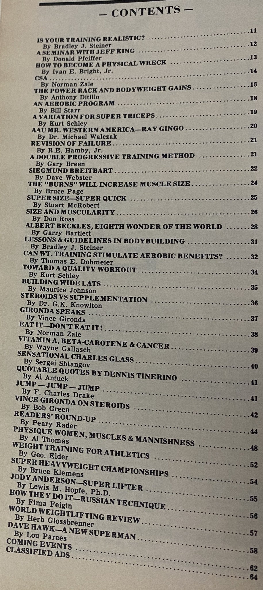 Table of Contents from IronMan Magazine July 1985, Volume 44, Number 5 featuring articles on bodybuilding techniques and training methods.