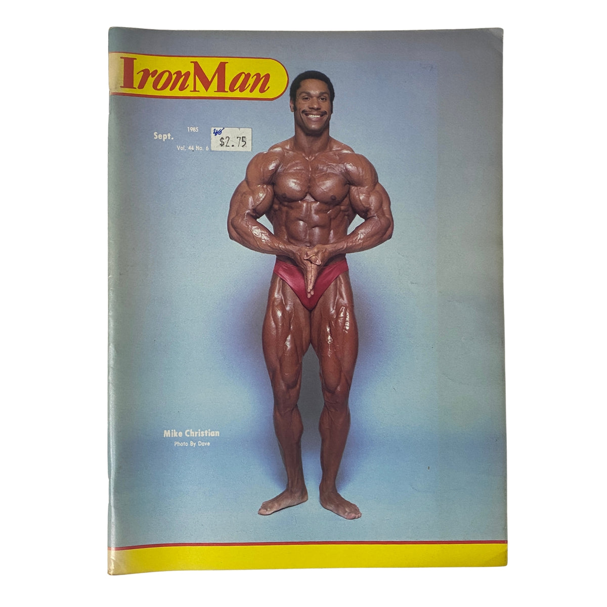 Cover of IronMan Magazine, September 1985, Vol 44 No 6 featuring bodybuilder Mike Christian showcasing impressive physique and muscular definition.