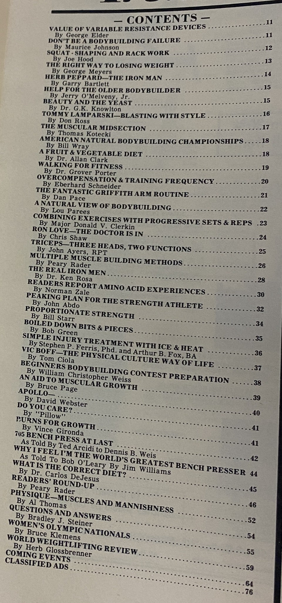 Table of contents page from IronMan Magazine, September 1985, Vol 44 No 6, listing various bodybuilding articles and features.