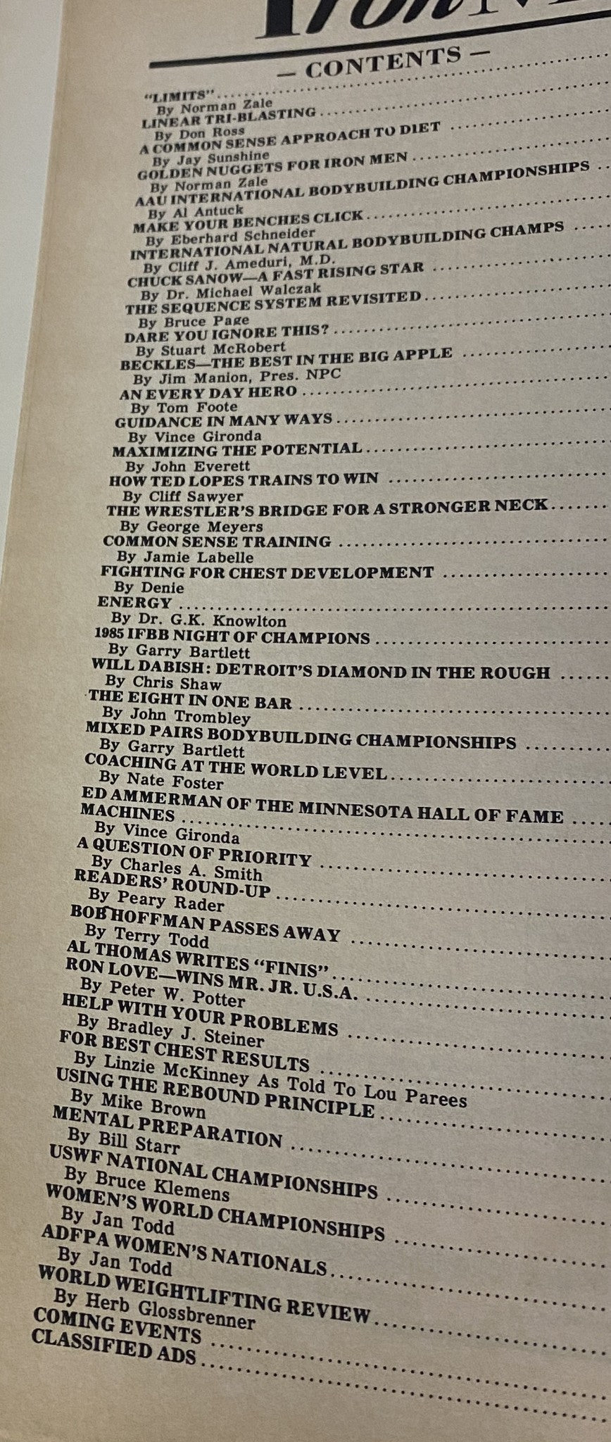 Table of contents from IronMan Magazine November 1985 Vol 45 No. 1, detailing articles and features on bodybuilding techniques and champions.