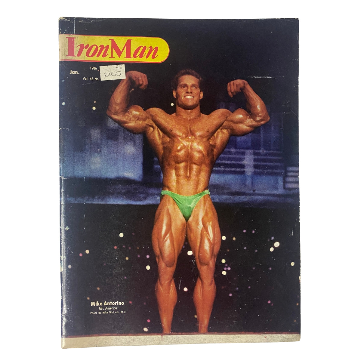 Cover of IronMan Magazine January 1986, showcasing bodybuilder Michael Antorino flexing his muscles, Volume 45, Number 2.