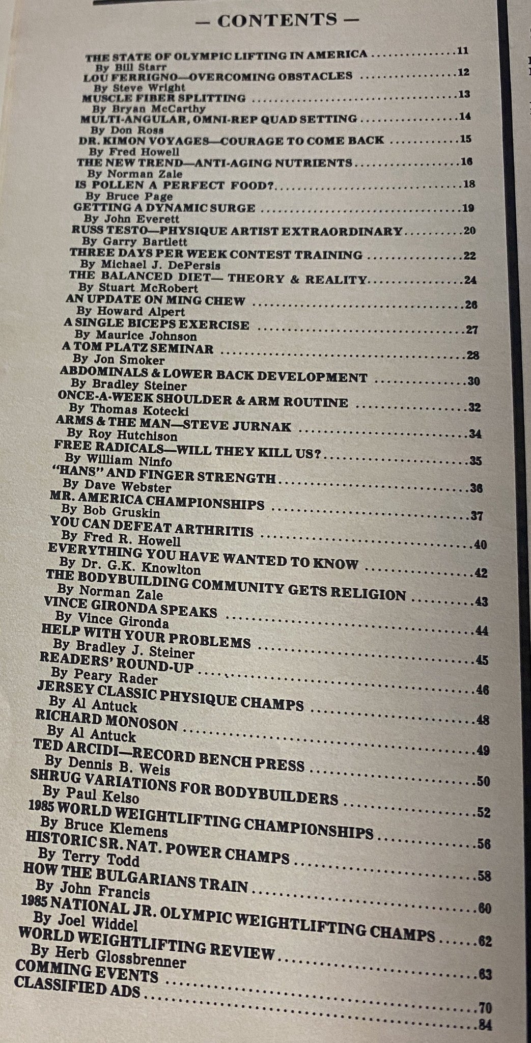 Table of Contents for IronMan Magazine January 1986, featuring articles on bodybuilding, Olympic lifting, and nutrition topics.