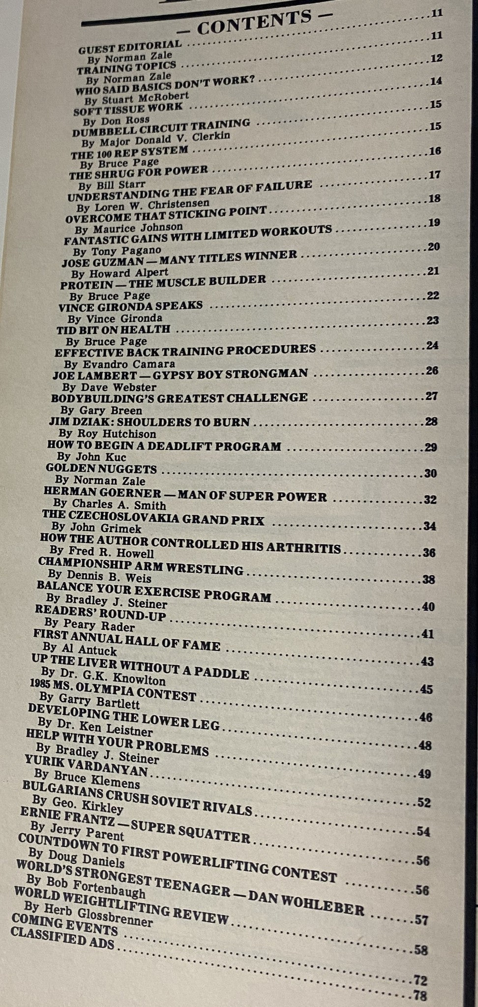 Contents page of IronMan Magazine May 1986, Volume 45, Number 4, featuring articles on bodybuilding training and insights.