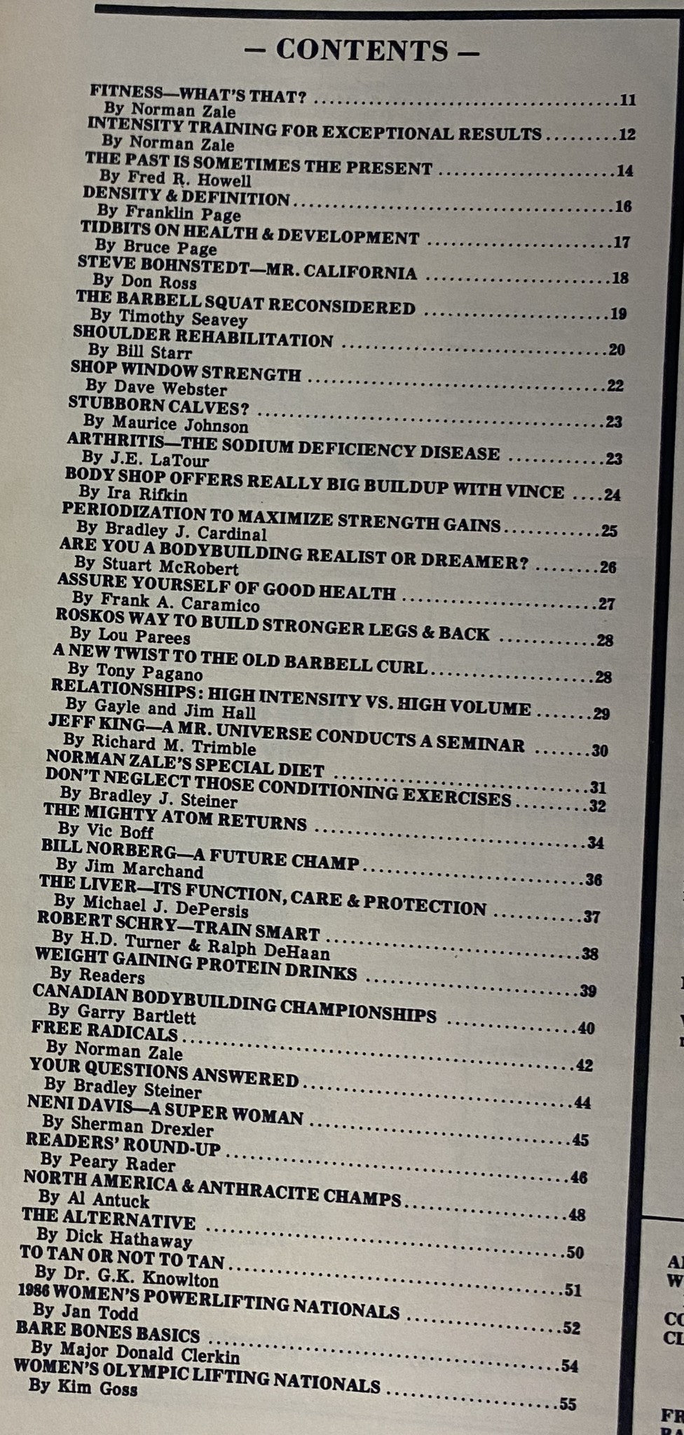 Table of contents from IronMan Magazine July 1986 Vol 45 No. 5 listing various bodybuilding articles and features.