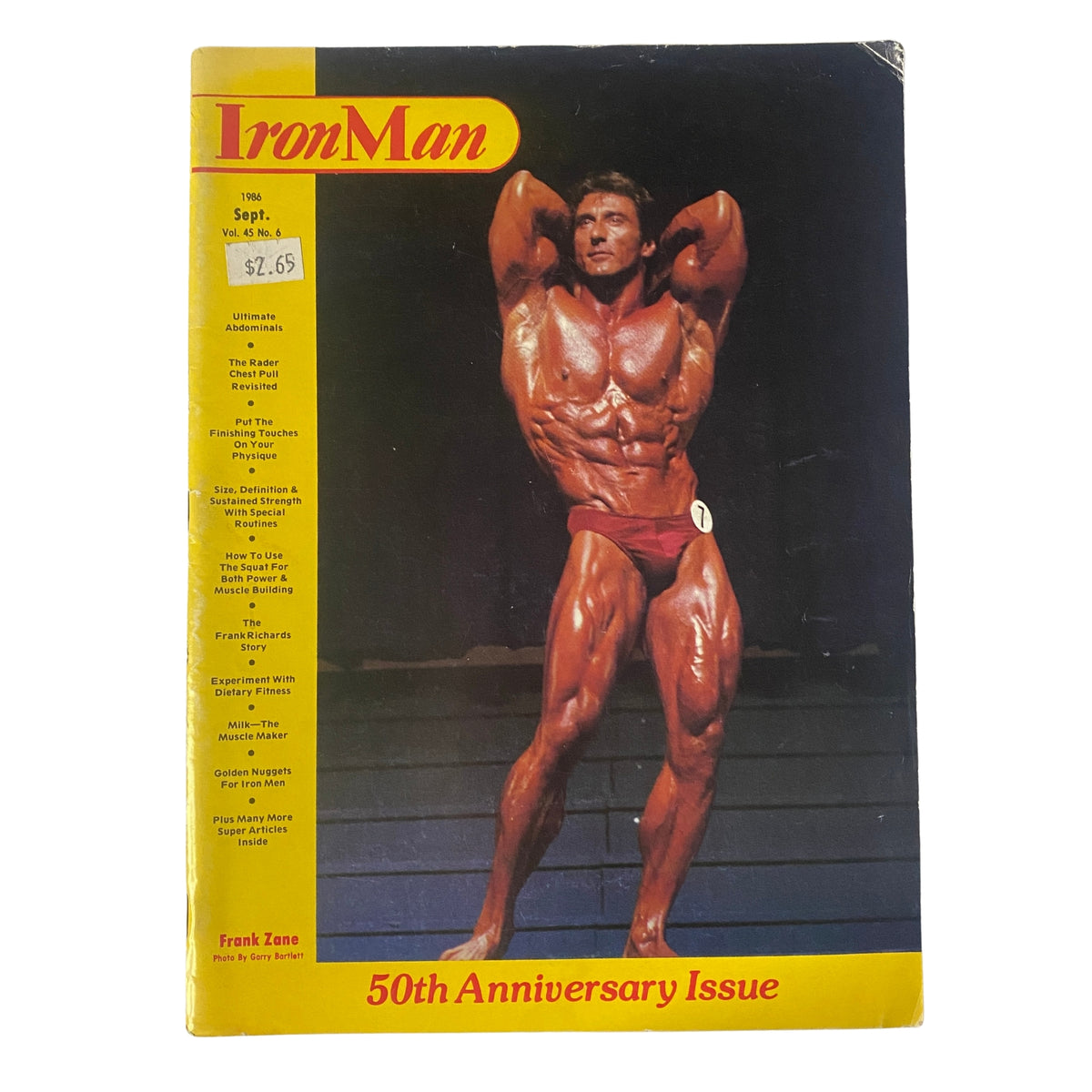 IronMan Magazine September 1986 Vol 45 No. 6 featuring Frank Zane on the cover in a bodybuilding pose, celebrating the magazine's 50th anniversary.