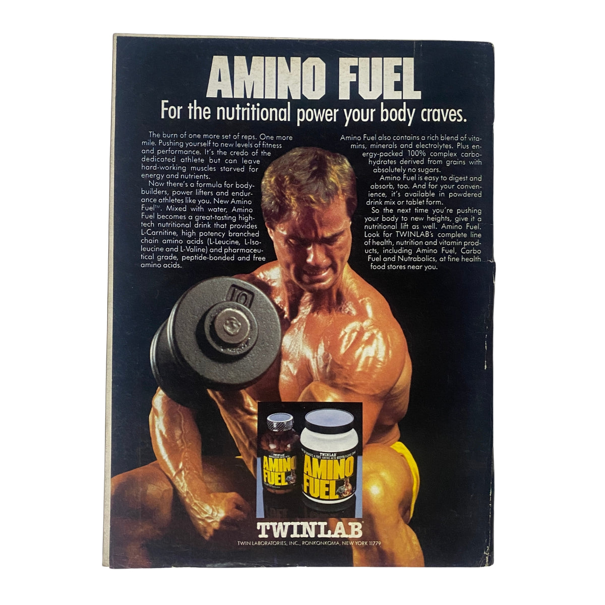 Back cover of IronMan Magazine January 1987 Vol 46 No. 2 featuring an advertisement for Amino Fuel by Twinlab, showcasing bodybuilding nutritional products.