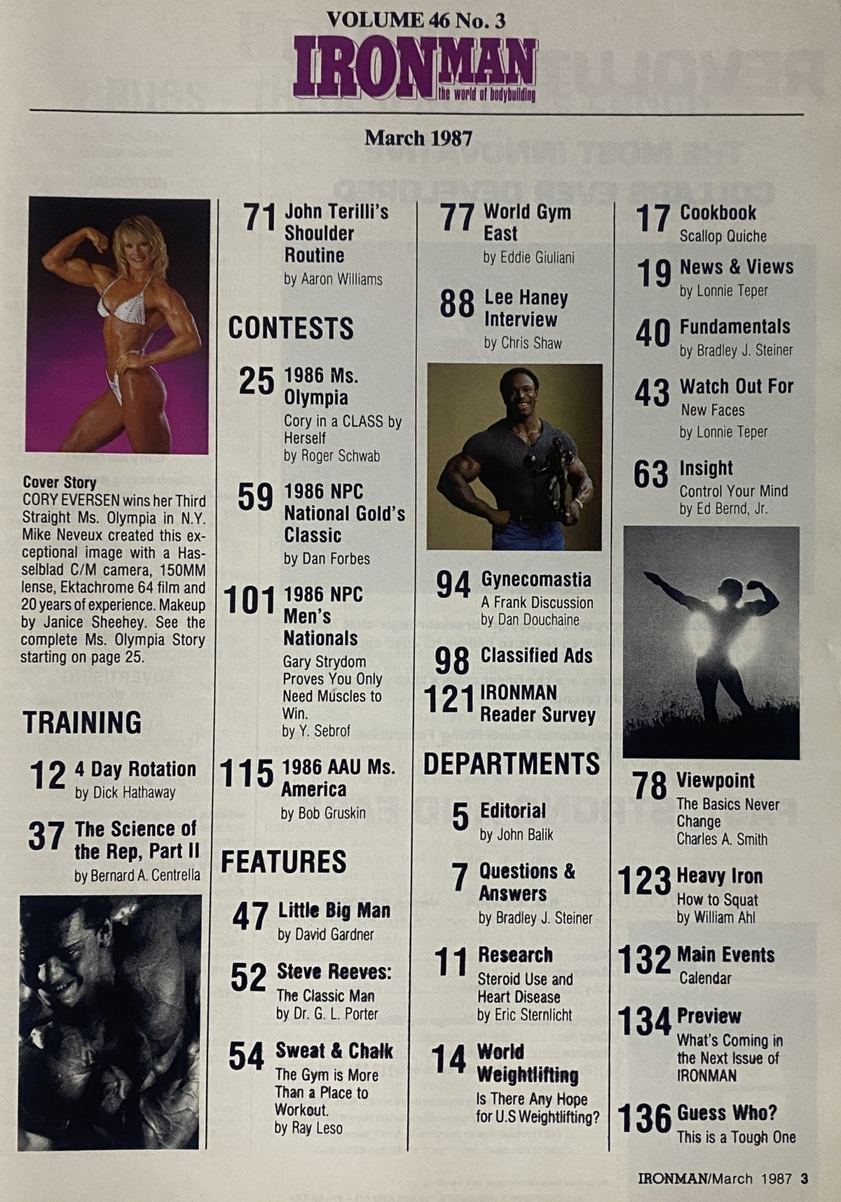 IronMan Magazine March 1987 Table of Contents listing key features including Cory Everson's interview, training tips, and coverage of the 1986 Ms. Olympia.