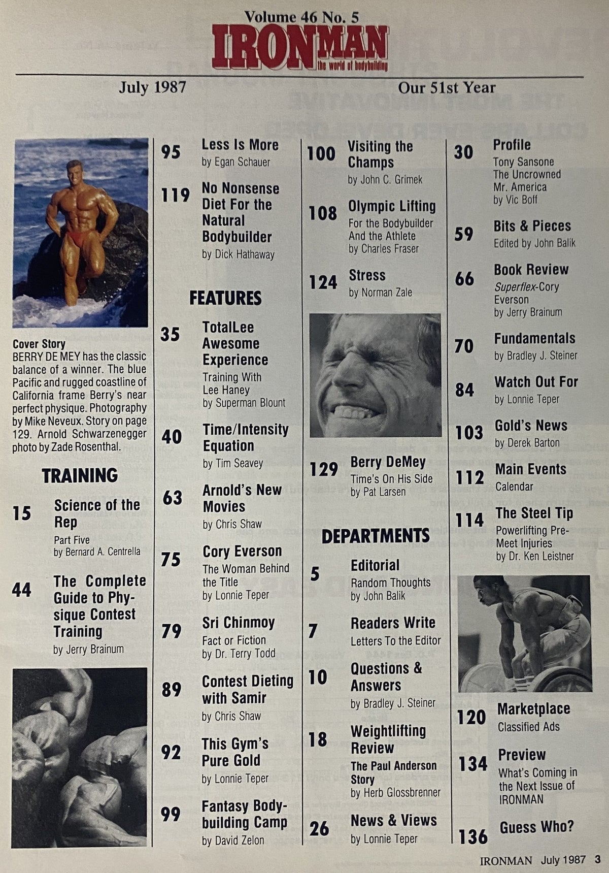 Inside page of IronMan Magazine July 1987, Volume 46 Number 5, listing features and training content, highlighting bodybuilding insights and legendary athletes.